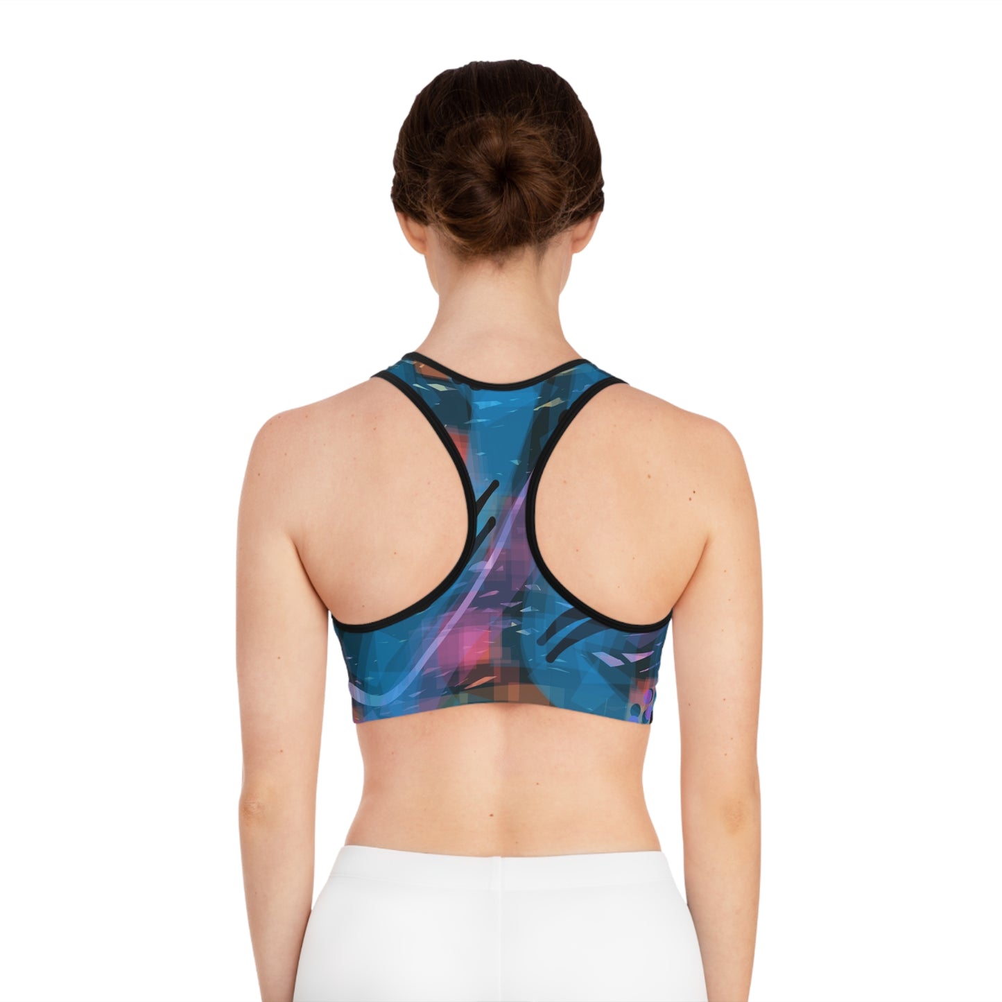 Louise: (Blk Trim) Vibrant 80's Vibes Abstract Sports Bra for Active Lifestyle, Workout Gear, Fitness Apparel, Dance Top, Gifts for Athletes