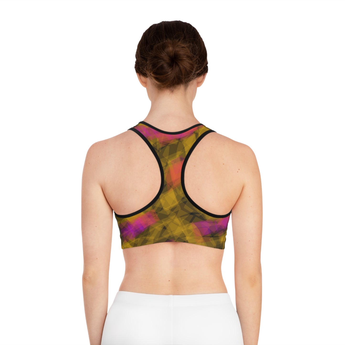 Bom II: Black Trim Vibrant Geometric Sports Bra, Activewear for Yoga, Running, Fitness, Stylish Workout Gear, Gift for Gym Lovers