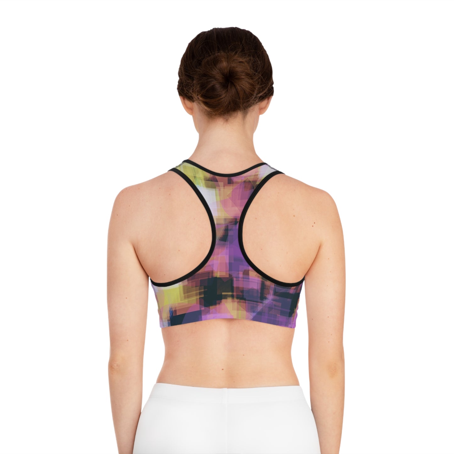 Sheena: Blk Trim; Vibrant Abstract Sports Bra - Colorful Workout Gear for Active Women