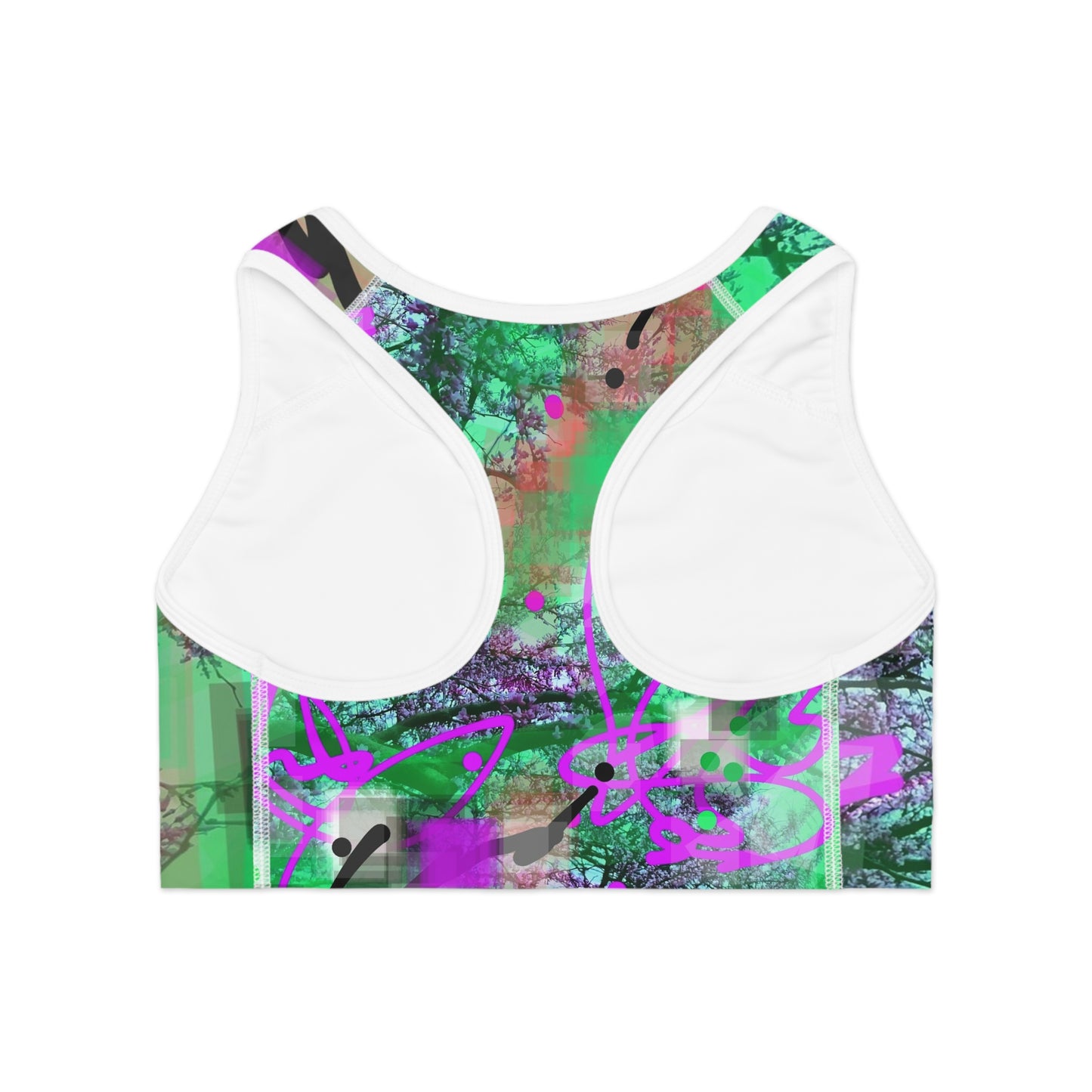 Cyd: White Trim Colorful Abstract Sports Bra for Active Women