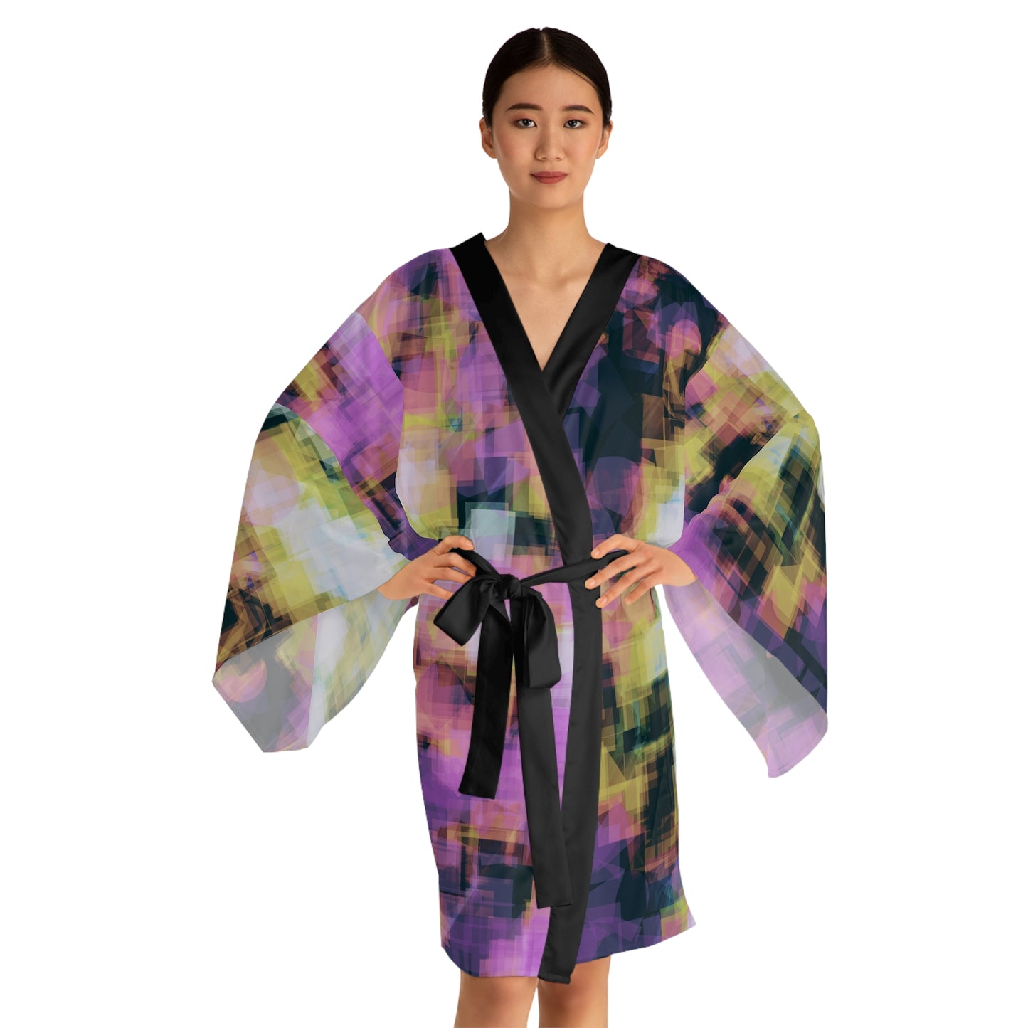 Sheena II: Blk Trim Chic Long Sleeve Kimono style Robe - Colorful Abstract Design, Perfect for Lounging and Relaxation