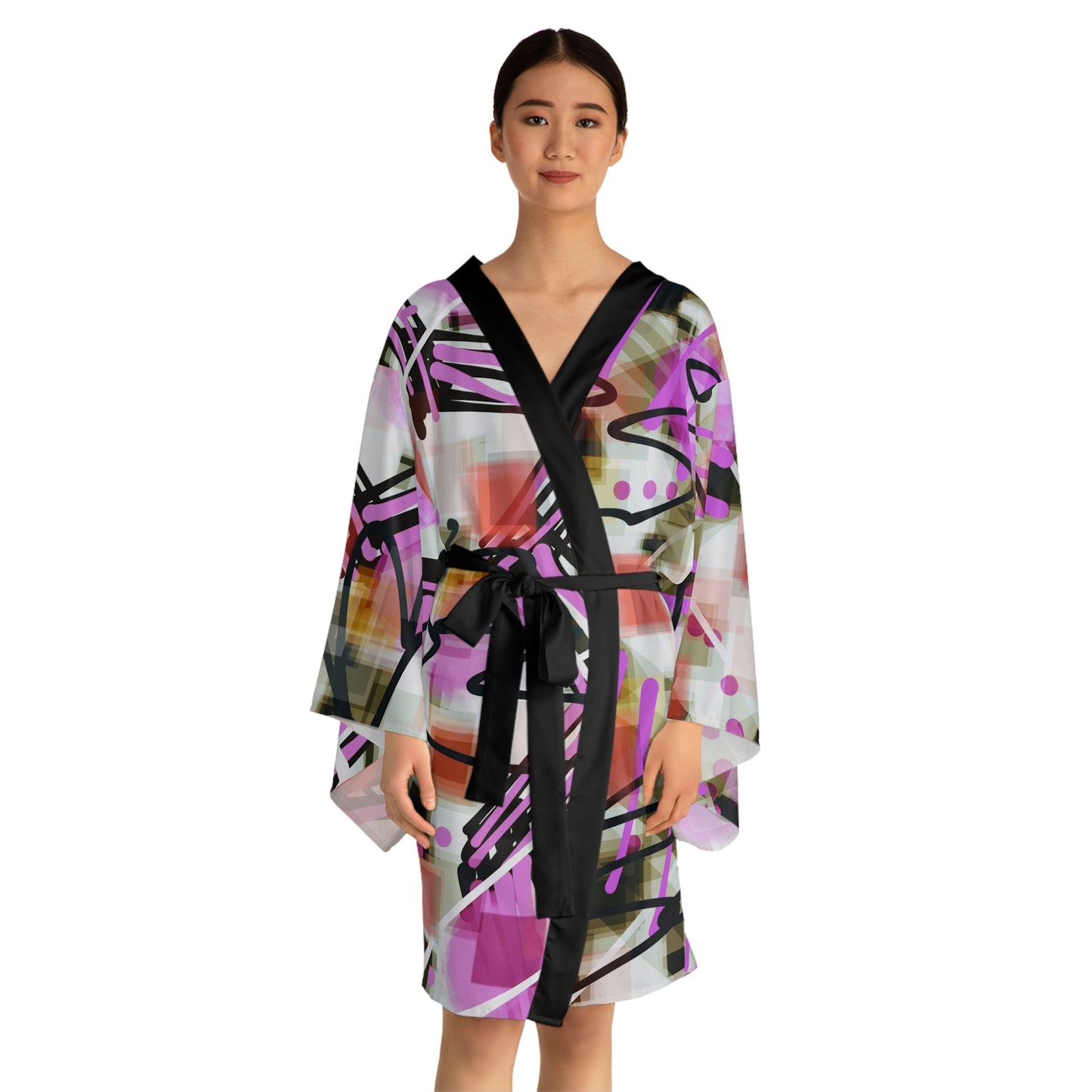 Annabella: Chic Abstract Long Sleeve Kimono Robe - Stylish Cover-Up for Relaxation and Everyday Wear