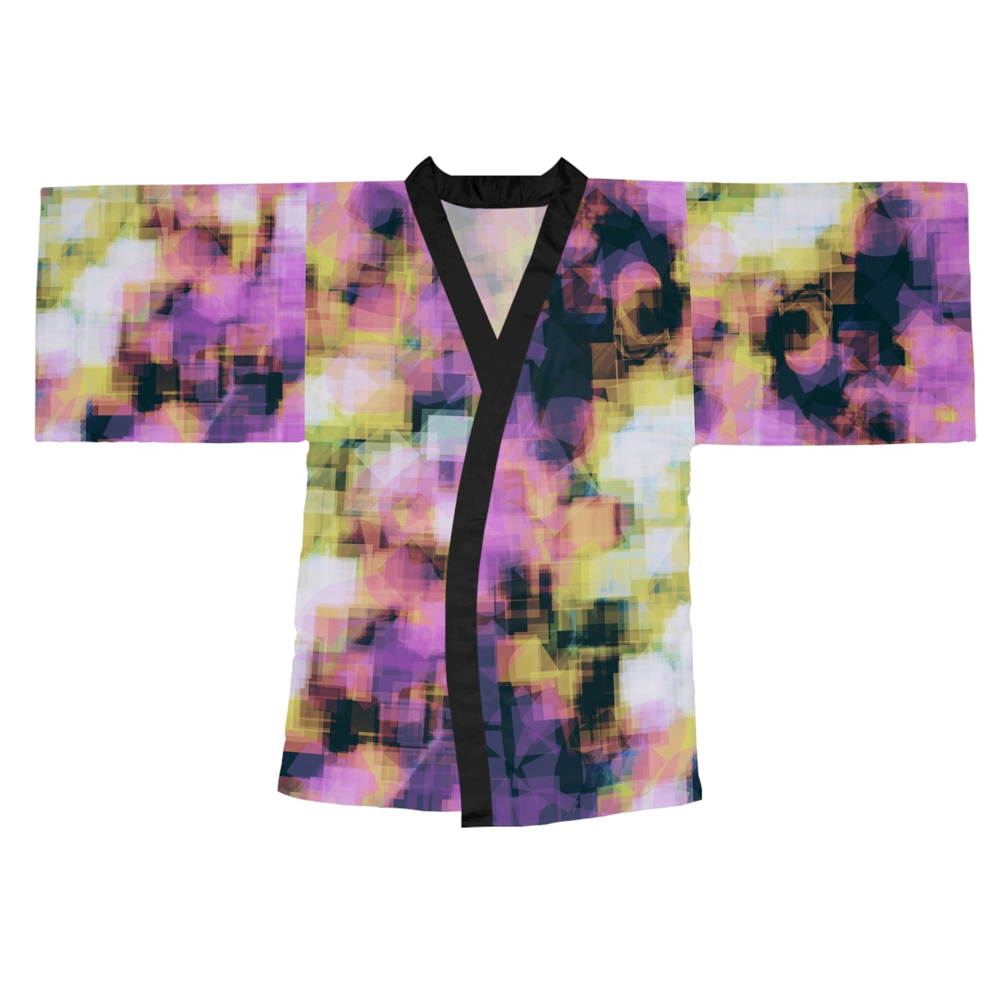 Sheena II: Blk Trim Chic Long Sleeve Kimono style Robe - Colorful Abstract Design, Perfect for Lounging and Relaxation