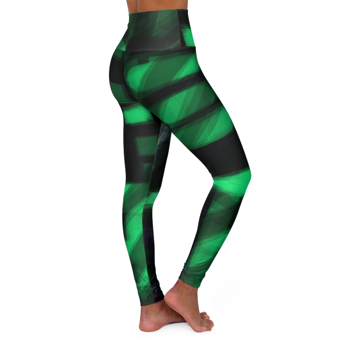 Electra Land: High Waisted Green & Black Leggings with Vibrant Abstract Design, Workout Gear, Activewear, Fitness Apparel, Yoga Class, Athletic Wear