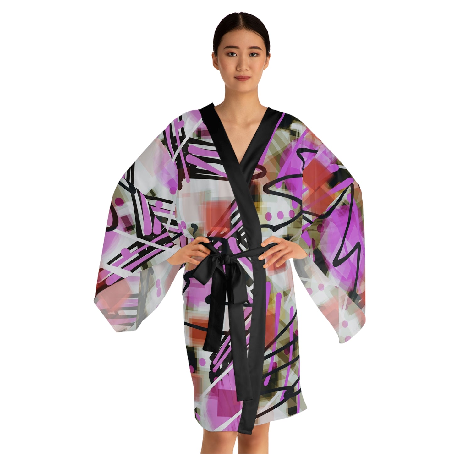 Annabella: Chic Abstract Long Sleeve Kimono Robe - Stylish Cover-Up for Relaxation and Everyday Wear