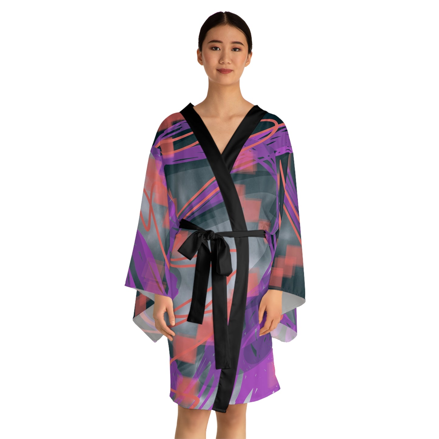 Mel: Blk Trim Vibrant Long Sleeve Kimono Robe - Abstract Art Design for Relaxation and Style