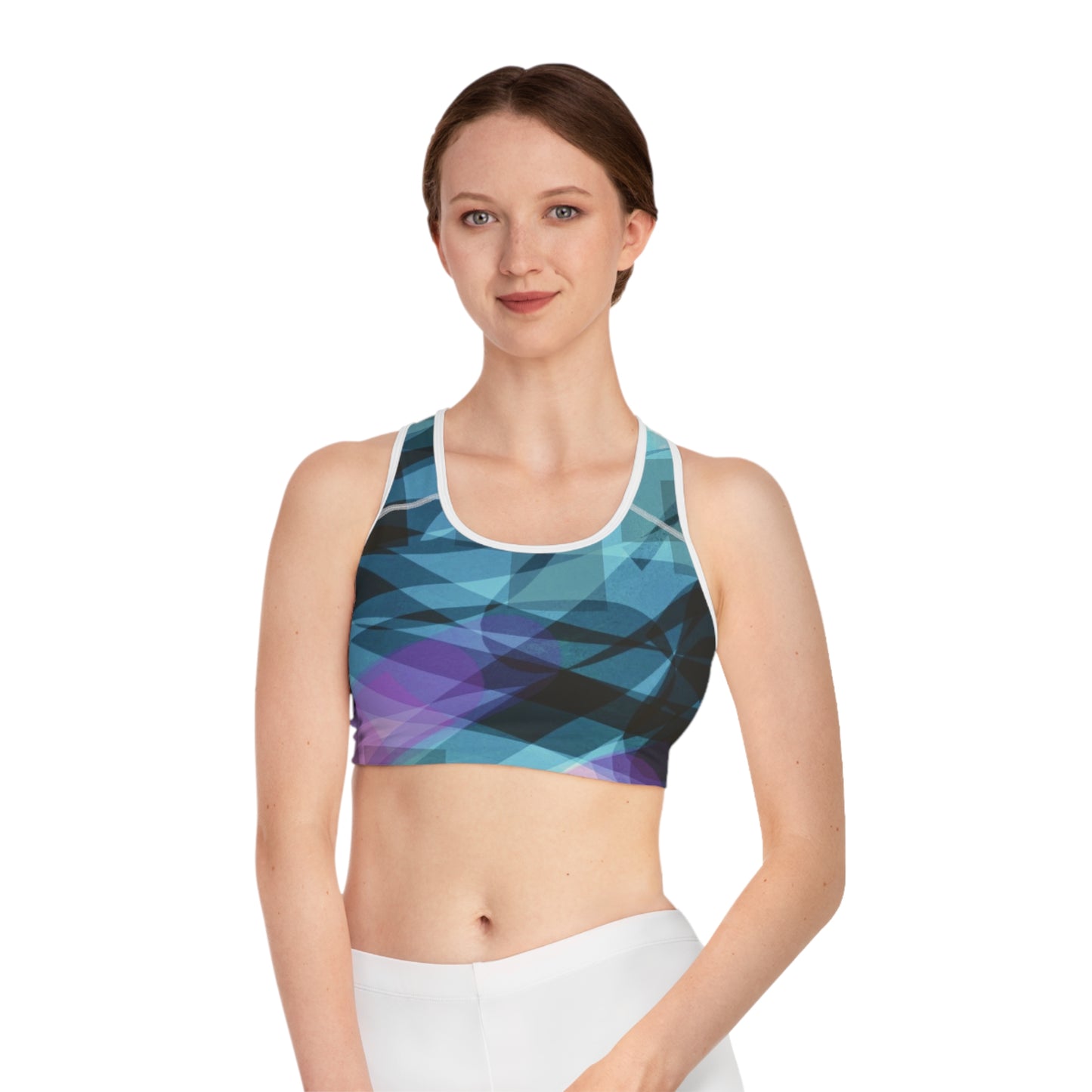 Yvonne I: WH Trim; Abstract Fresh Vibes Stylish Sports Bra, Athletic Wear, Fitness Gear, Workout Apparel, Gym Top, Activewear Layering
