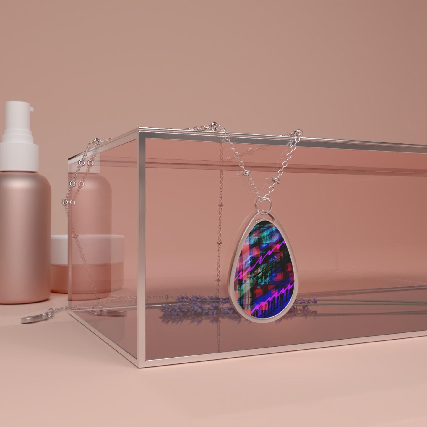 Marianne: Night Mood Abstract Art Colorful Oval Necklace - Unique Modern Jewelry Statement Piece