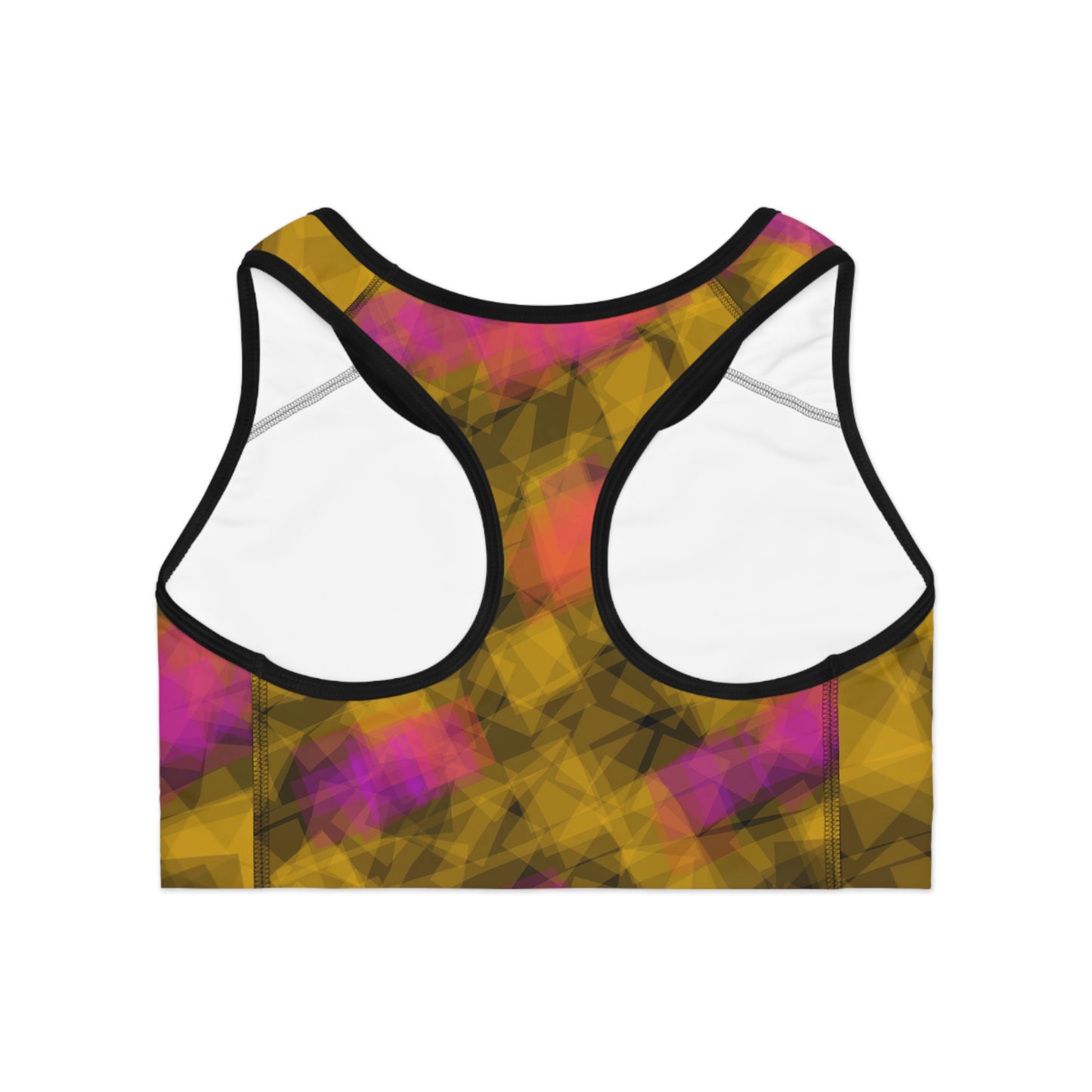 Bom II: Black Trim Vibrant Geometric Sports Bra, Activewear for Yoga, Running, Fitness, Stylish Workout Gear, Gift for Gym Lovers