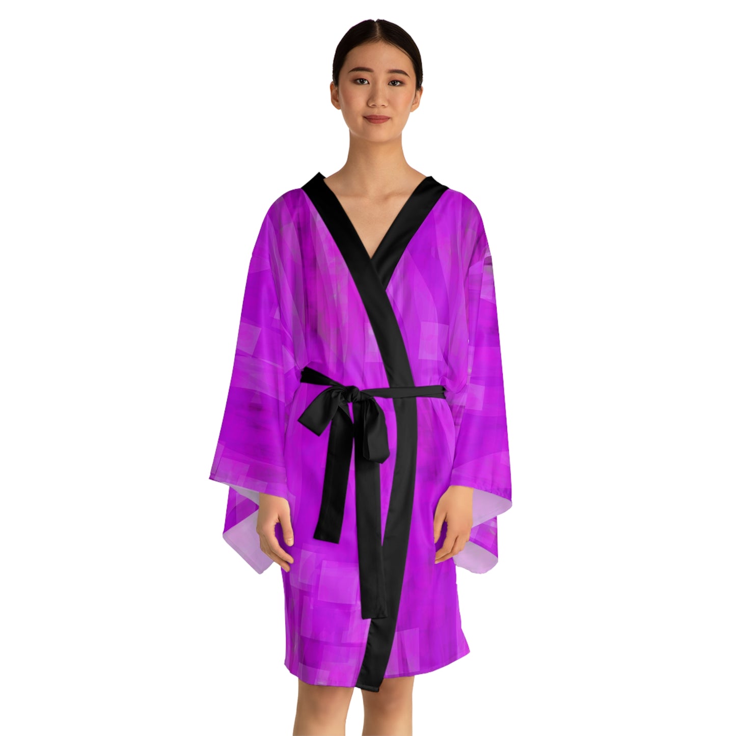 Jodie: (Blk Trim) Vibrant Purple Long Sleeve Kimono Style Robe, Lightweight Dressing Gown, Cozy Loungewear, Artistic Sleepwear, Perfect for Self-Care & Relaxation