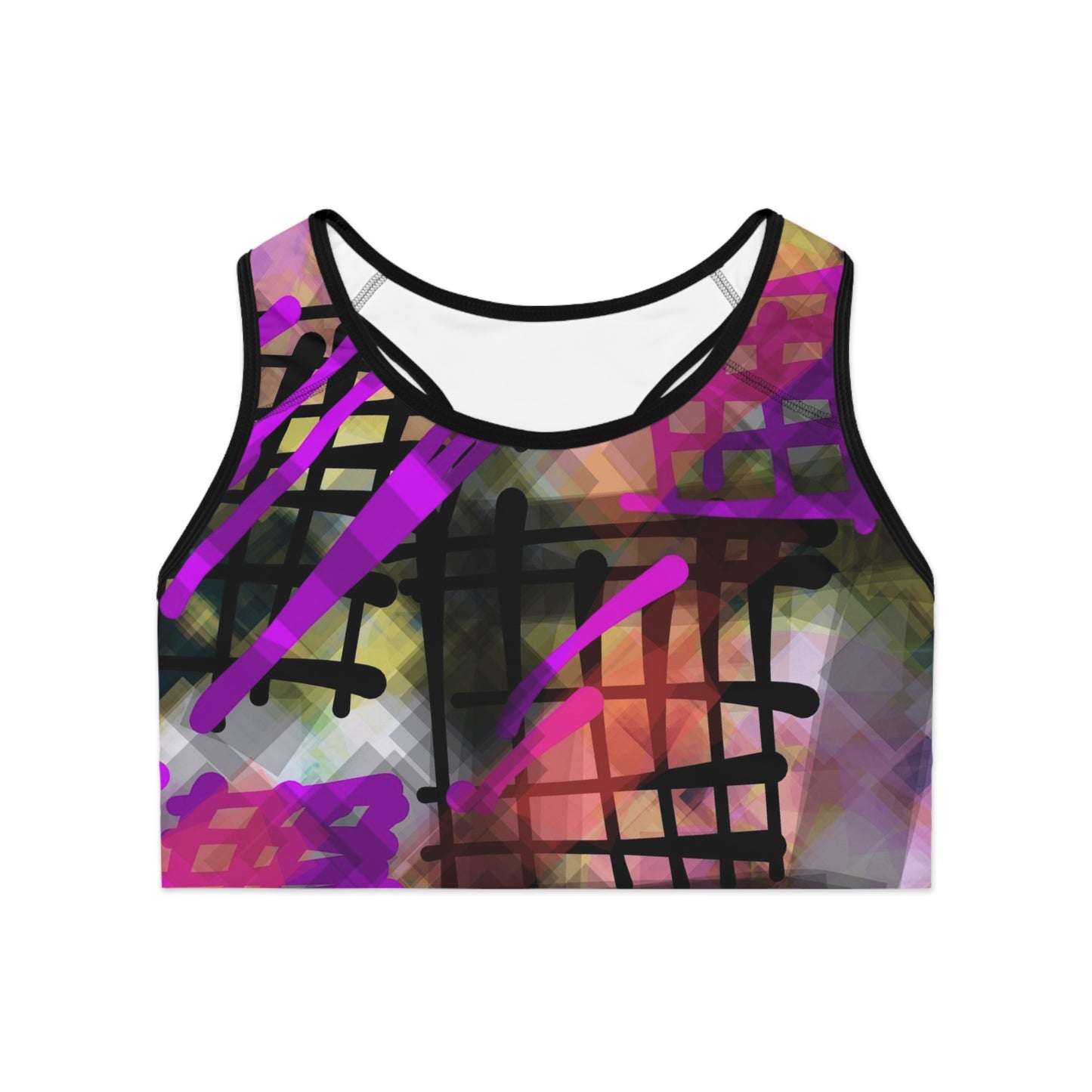 Spray Paint II: Blk Trim Vibrant Abstract Sports Bra, Stylish Workout Top, Fitness Apparel, Activewear, Unique Design for Gym Enthusiasts