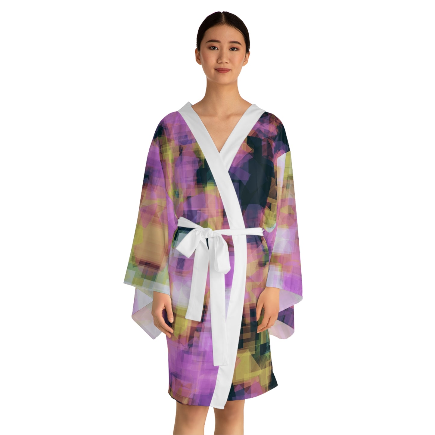 Sheena I: WH Trim; Stylish Abstract Long Sleeve Kimono Robe - Perfect for Relaxation and Self-Care