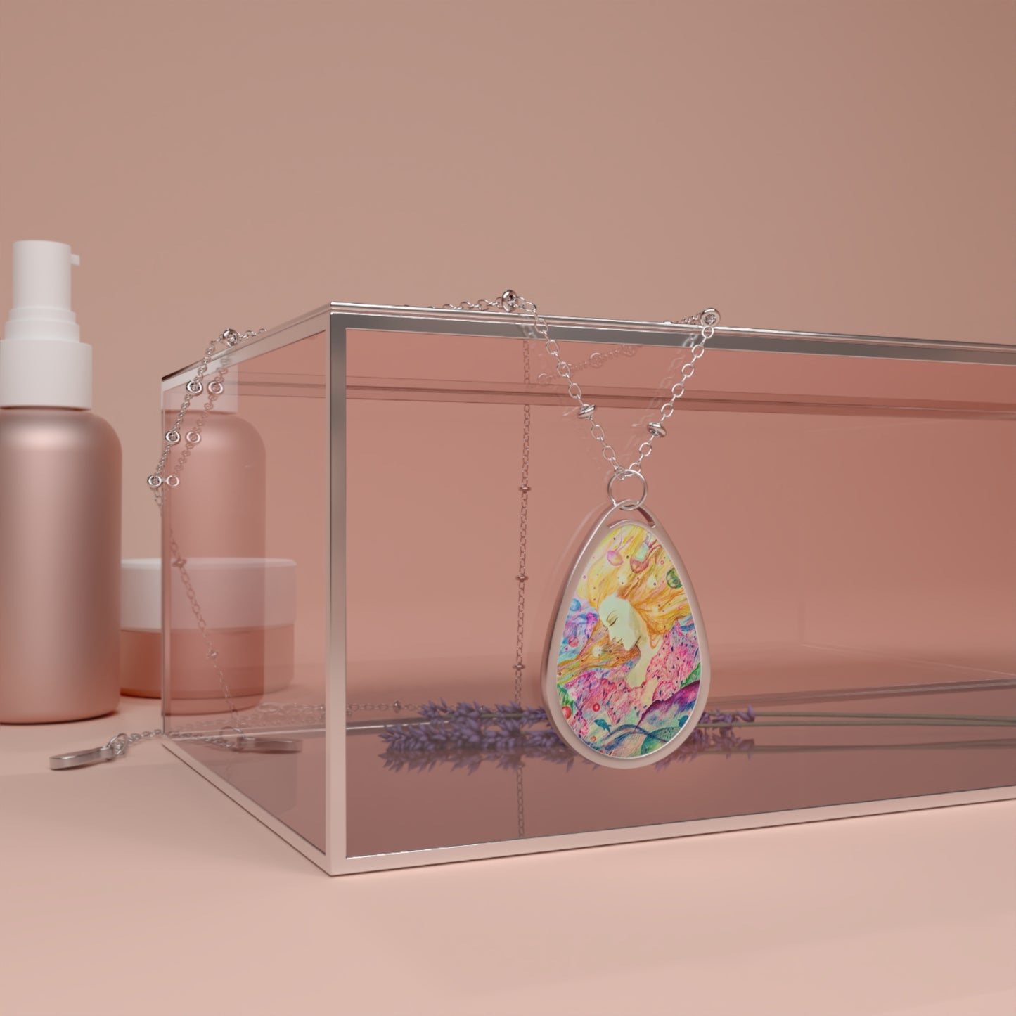 Undine: Ethereal Beauty Art Oval Necklace - Unique Handmade Drawing print Jewelry for Artistic Souls