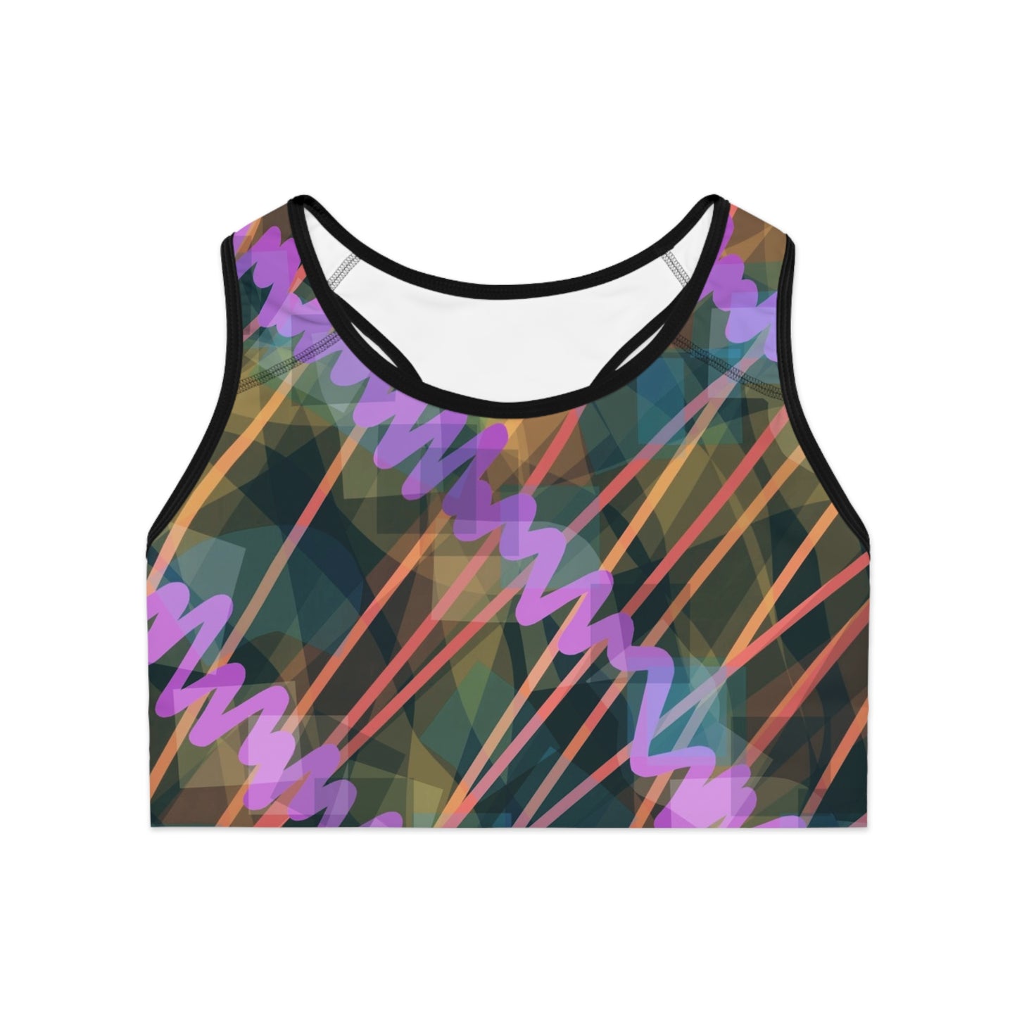 Ava II: Blk Trim Abstract Vibrant Sports Bra - Stylish Activewear for Women