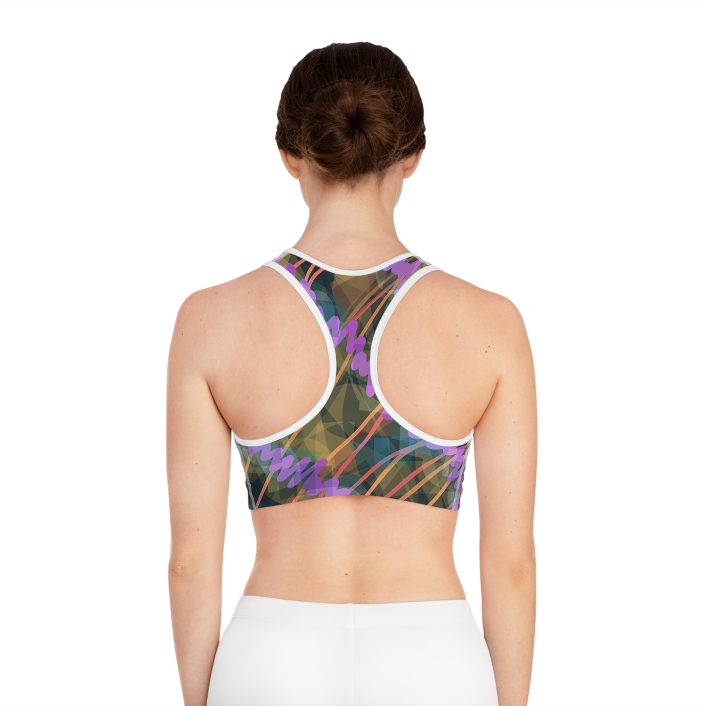 Ava: White Trim Colorful Abstract Sports Bra for Active Lifestyle