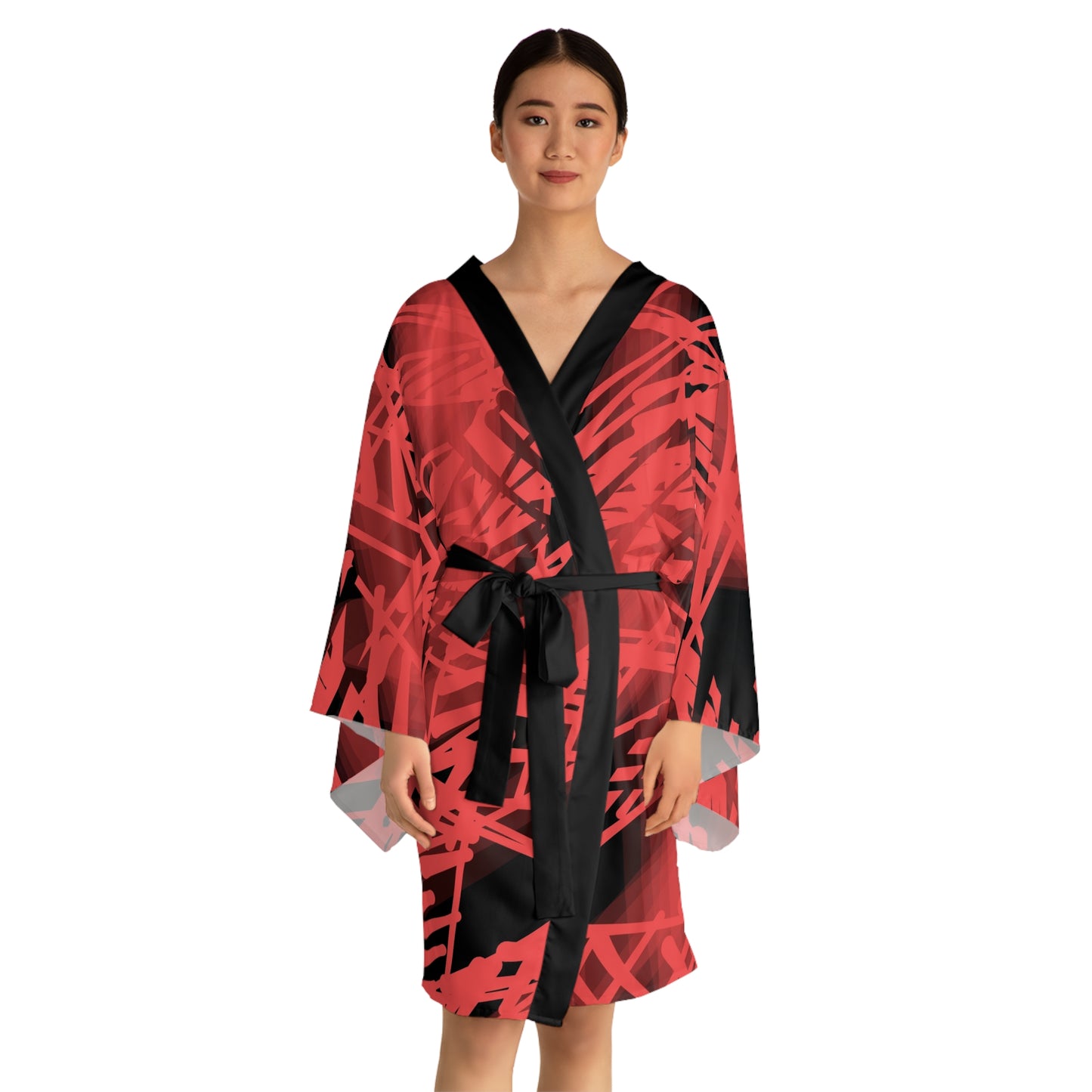 Gracie: Abstract Red Striped Long Sleeve Kimono Robe - Stylish Loungewear for Relaxation