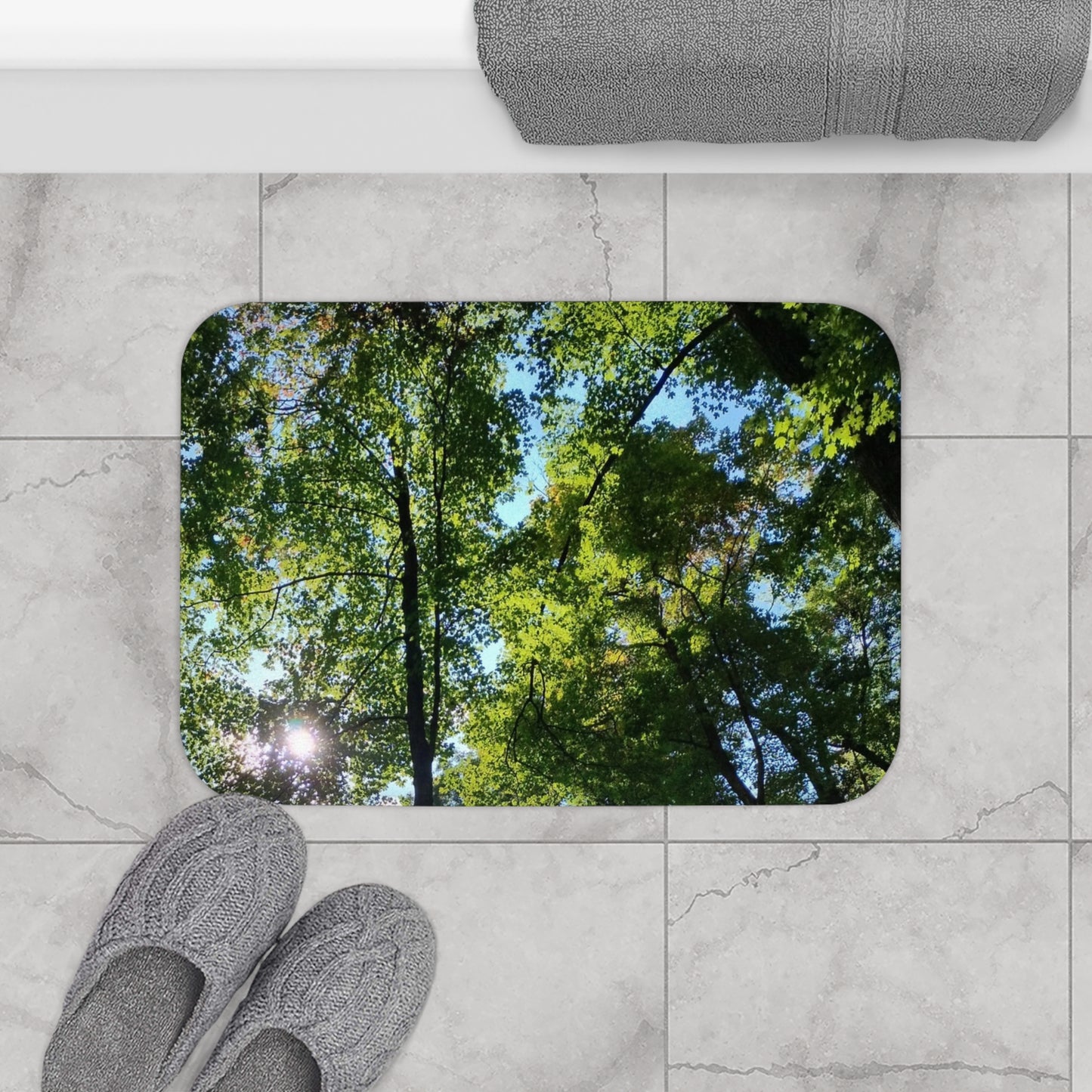 Gorgeous Greens: (24"x17") Forest Canopy Bathmat — Green Tree Leaves Nature Bathroom Rug