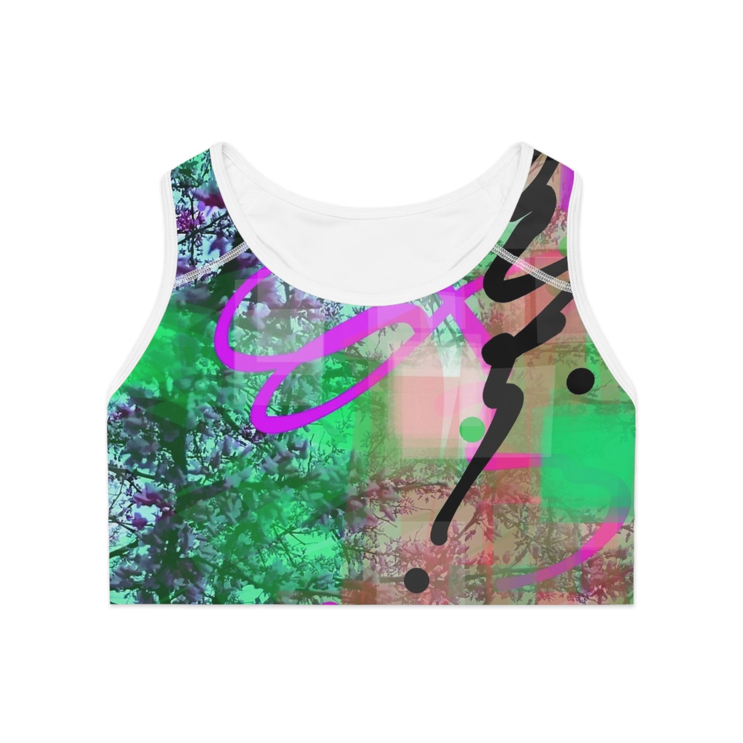 Cyd: White Trim Colorful Abstract Sports Bra for Active Women