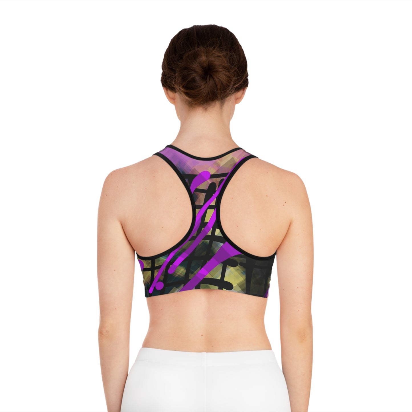 Spray Paint II: Blk Trim Vibrant Abstract Sports Bra, Stylish Workout Top, Fitness Apparel, Activewear, Unique Design for Gym Enthusiasts