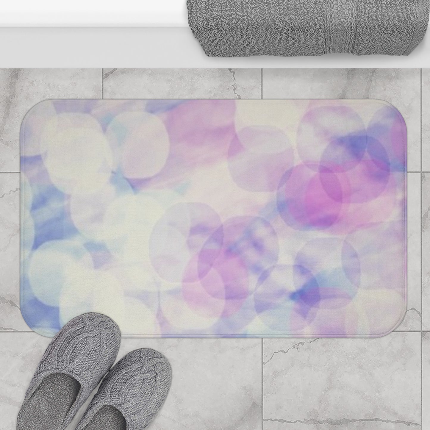 Sprite: (34"x21") Pastel Bokeh Bathmat — Soft Purple & Blue Spa Bathroom Rug