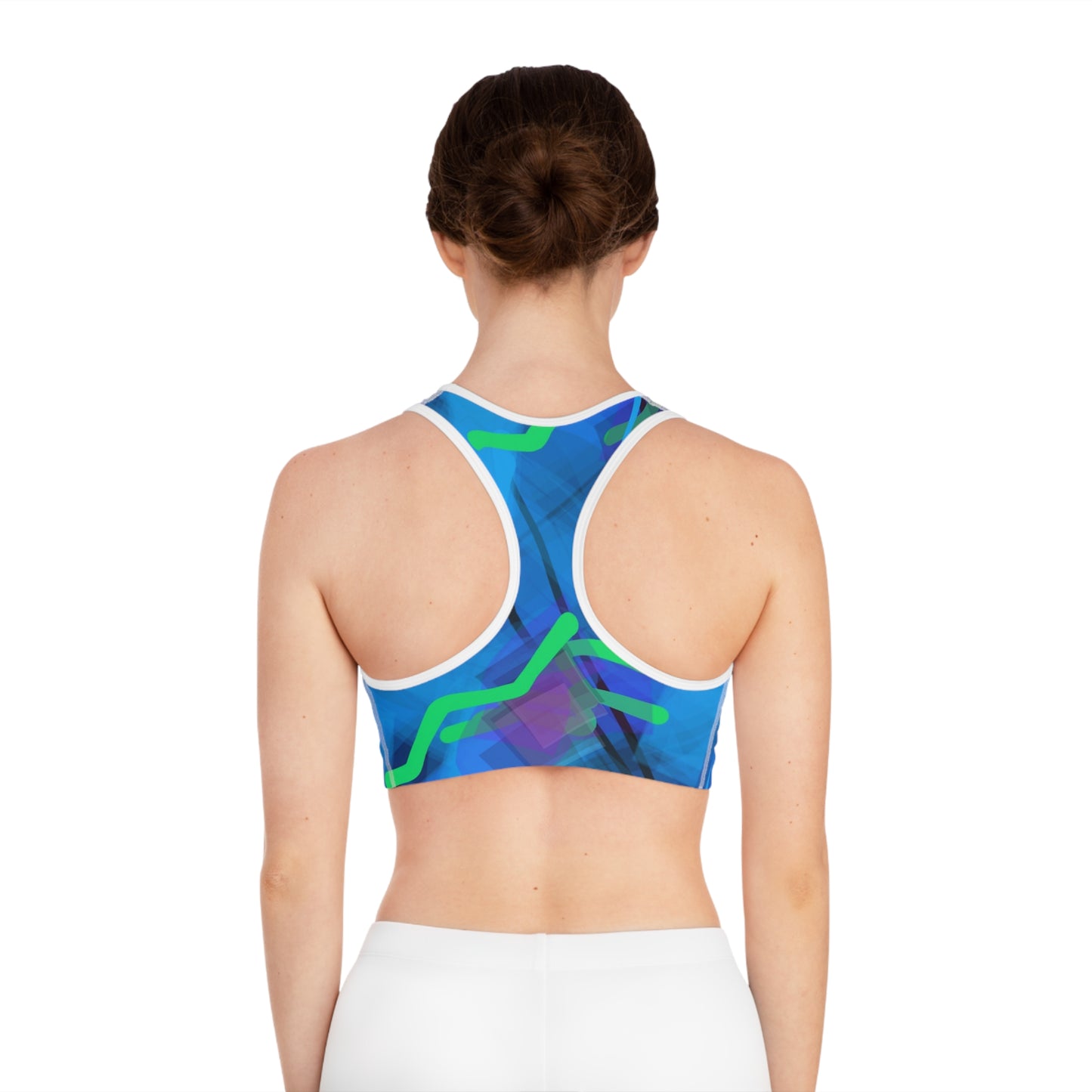 Gee Wiz I: WH Trim; Colorful 80's Vibes Abstract Sports Bra for Active Living