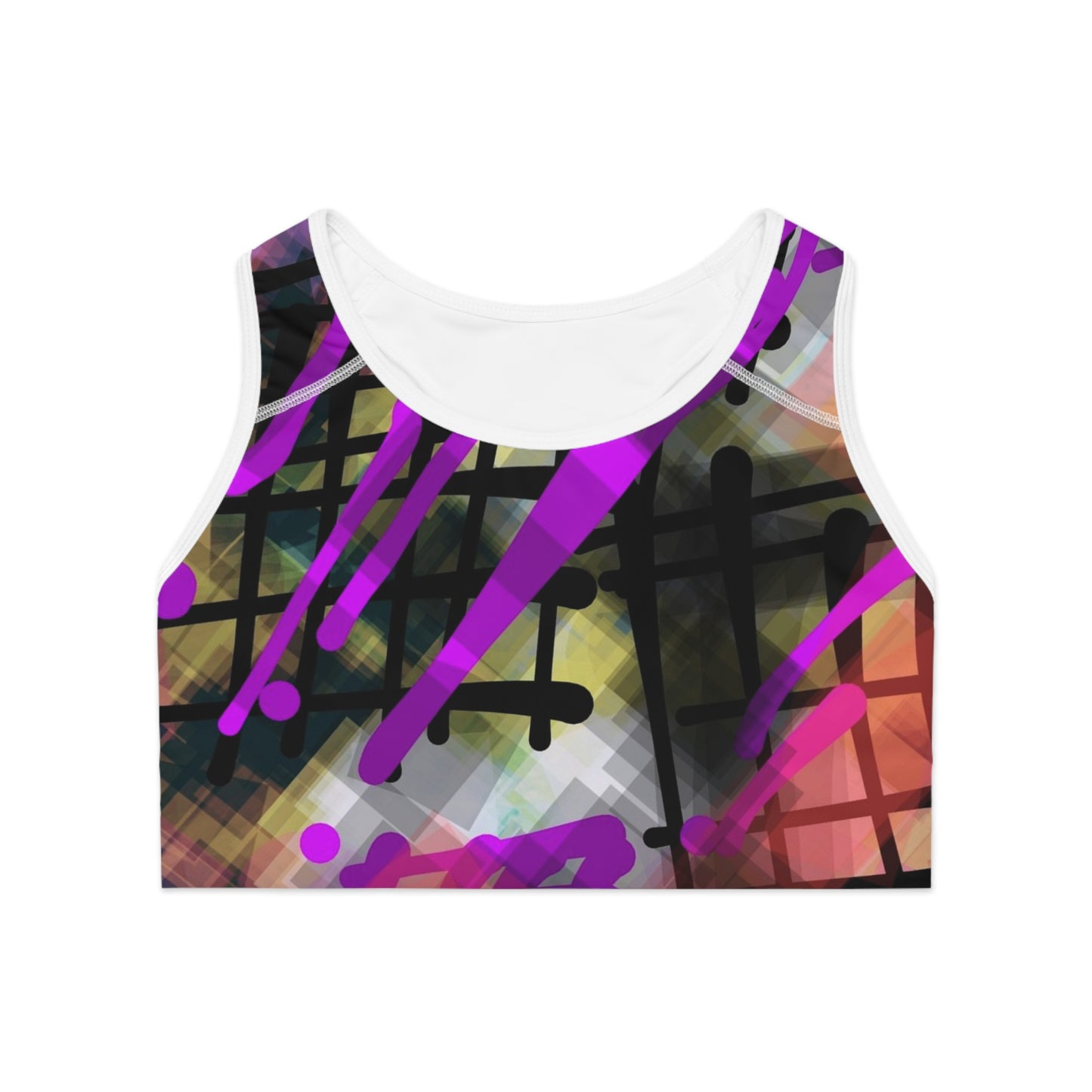 Spray Paint I: WH Trim Abstract Vibrant Sports Bra - Colorful Patterned Workout Top for Active Women