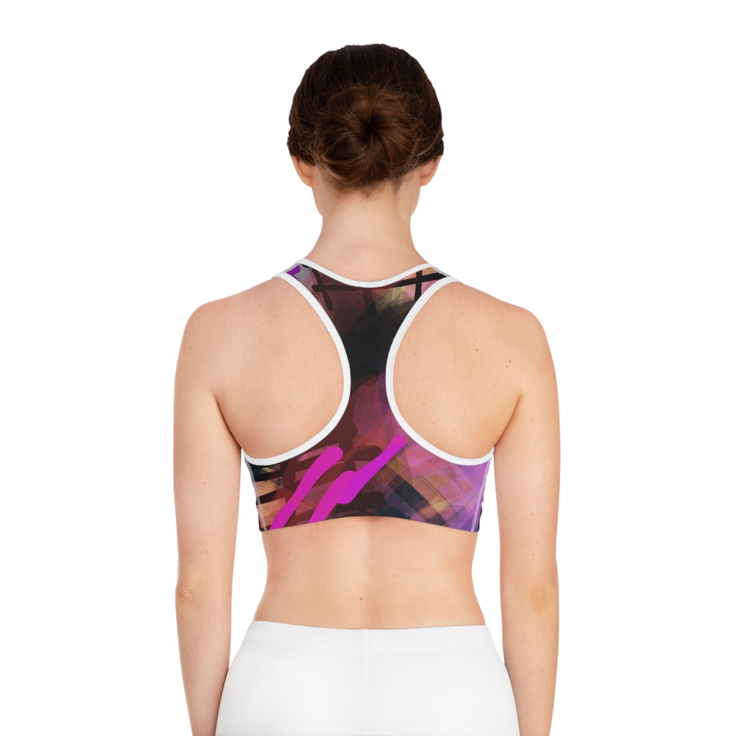 Spray Paint I: WH Trim Abstract Vibrant Sports Bra - Colorful Patterned Workout Top for Active Women