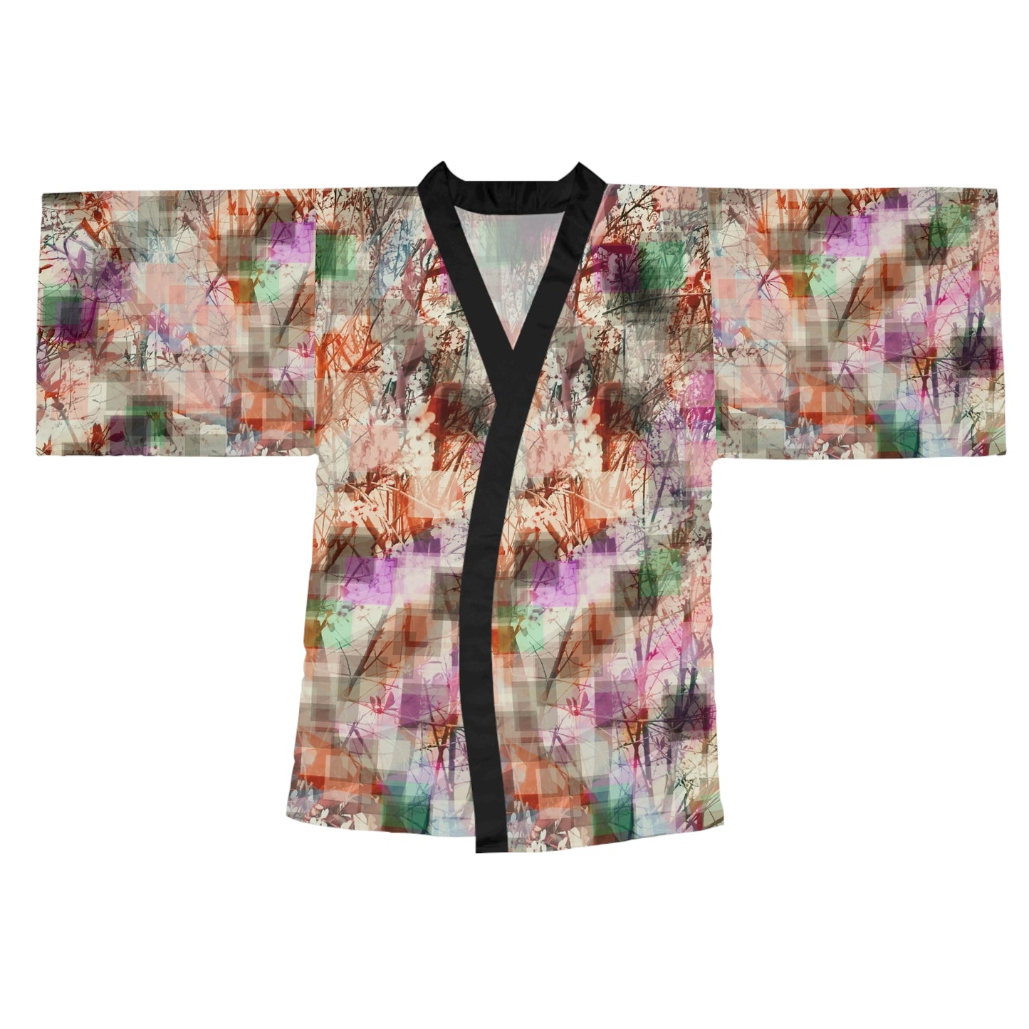 Dorothy II: Blk Trim Bohemian Long Sleeve Kimono Robe - Elegant Floral Design for Relaxation & Style