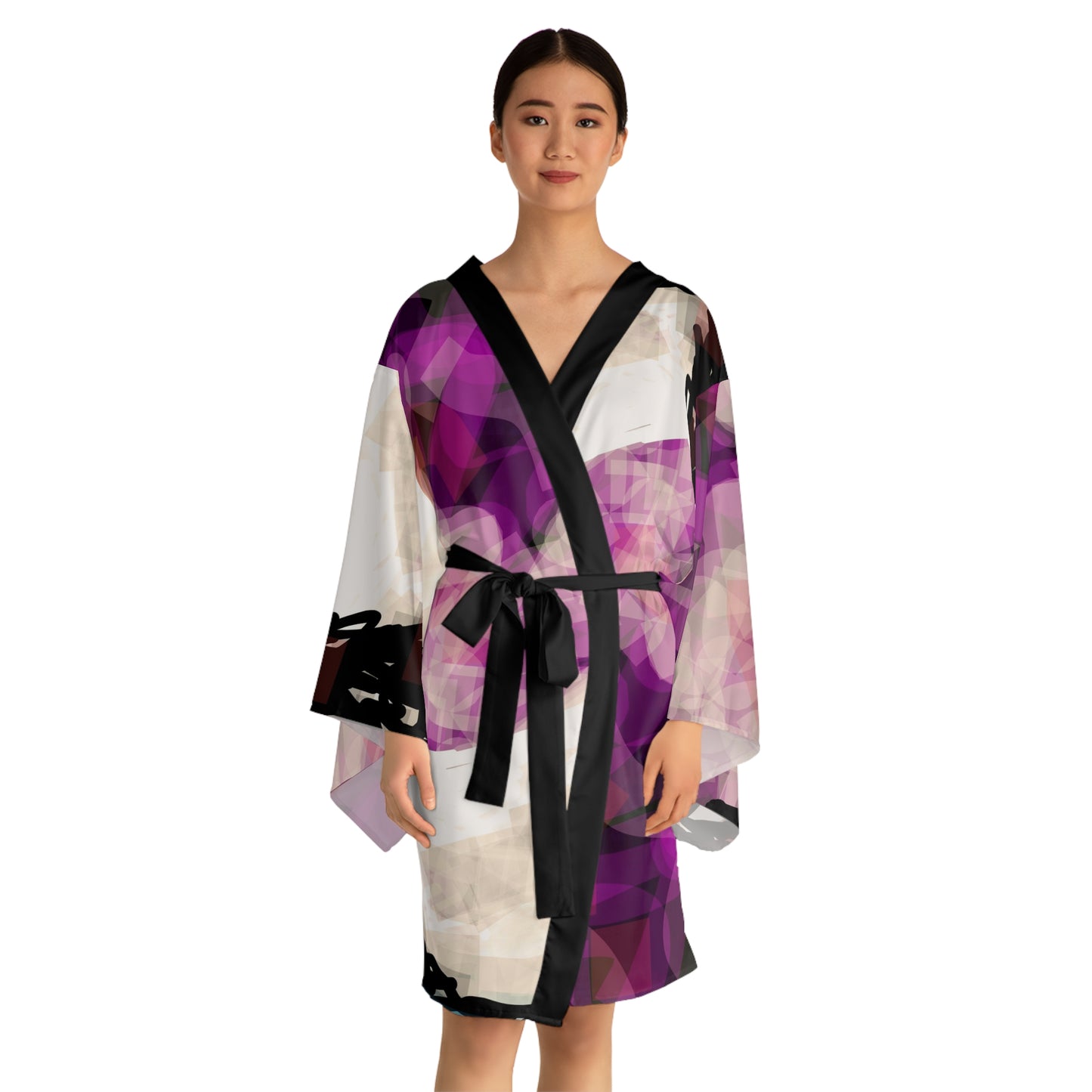 Earth Realms III: Black Trim Vibrant Floral Long Sleeve Kimono Robe - Elegant Lounge Wear for Relaxation