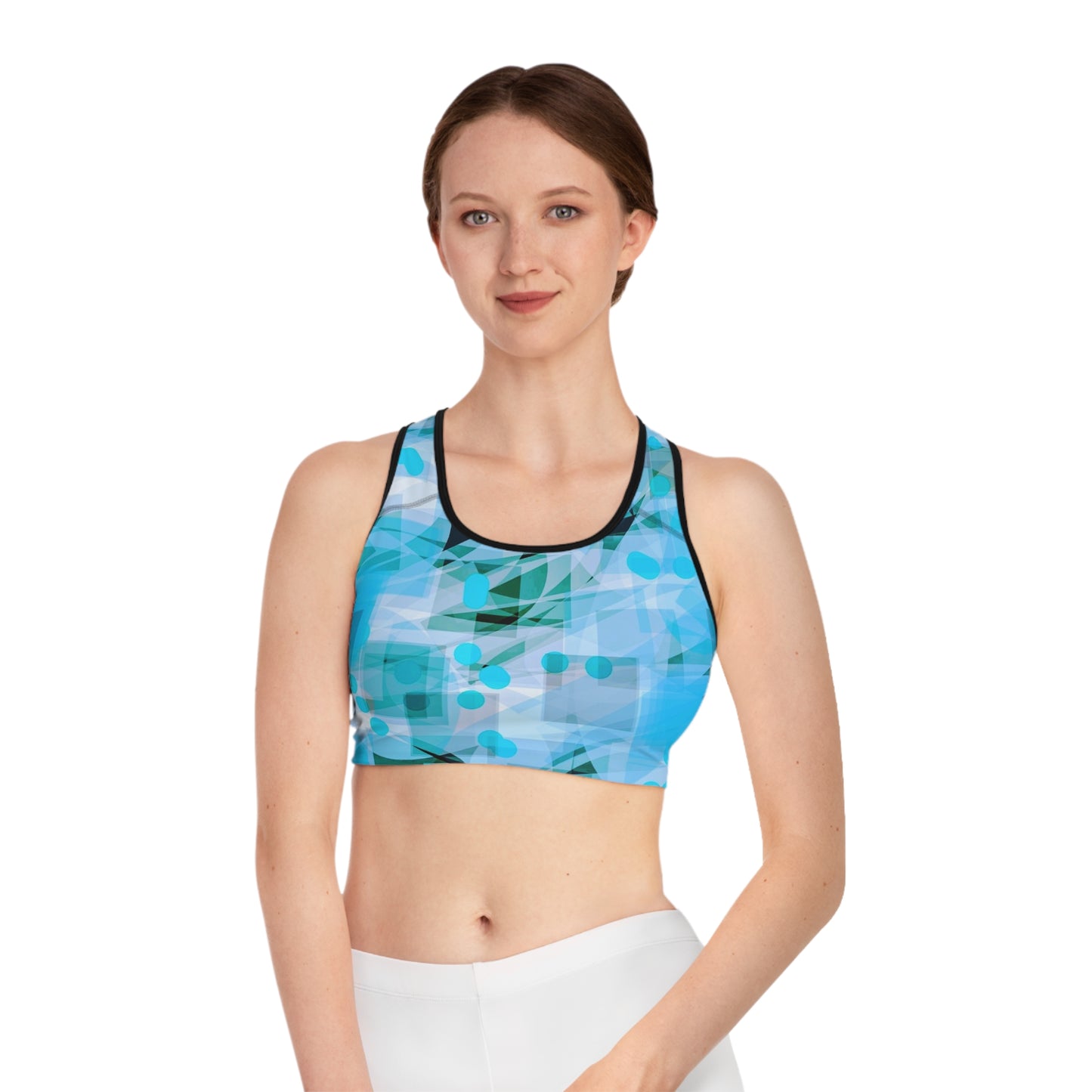 Cascadia II: Blk Trim Abstract Aqua Sports Bra, Workout Gear, Activewear, Fitness Wear, Yoga Top, Gym Bra, Summer Sportswear