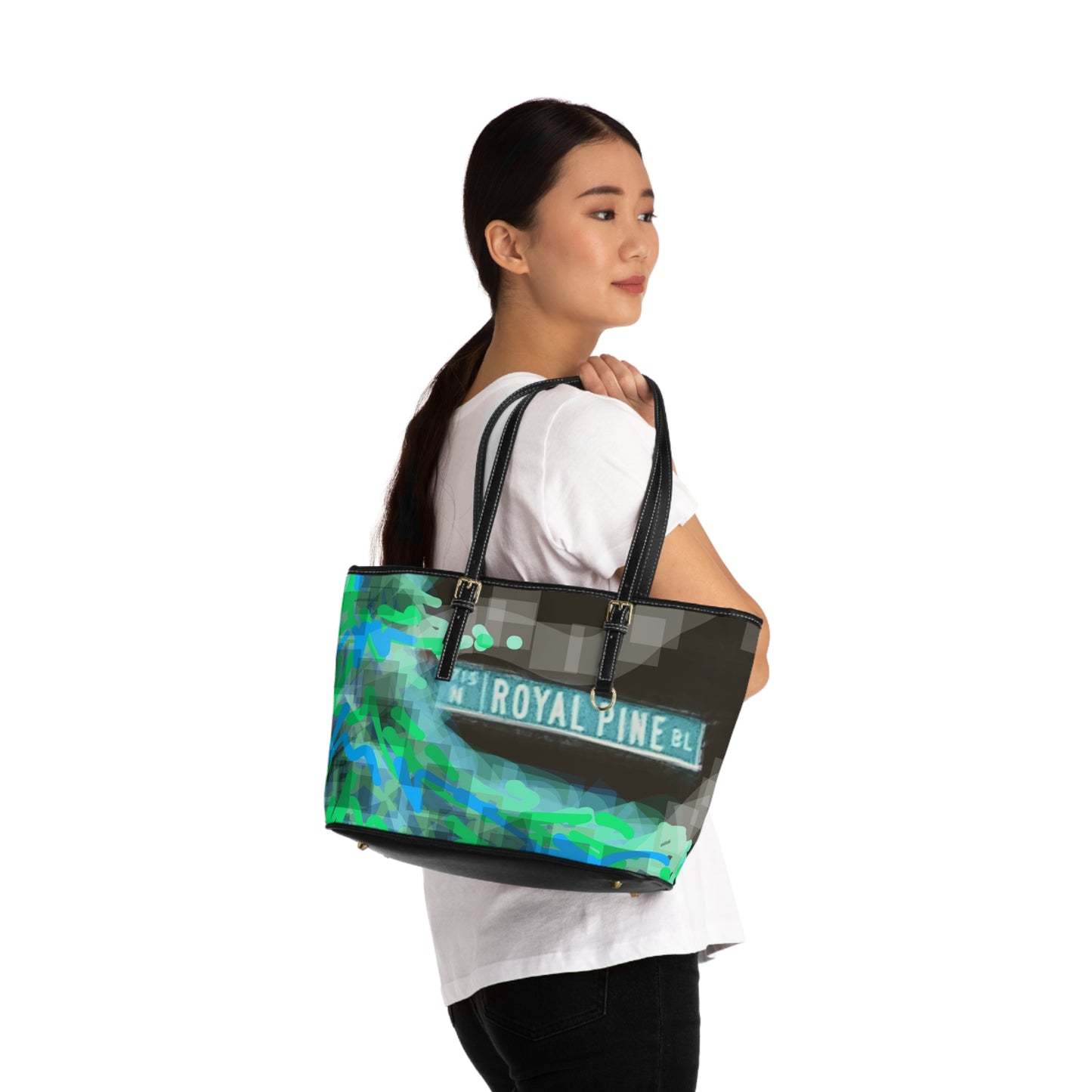 Royal Pine: Royal Chill PU Leather Shoulder Bag - Abstract Blue & Green Design