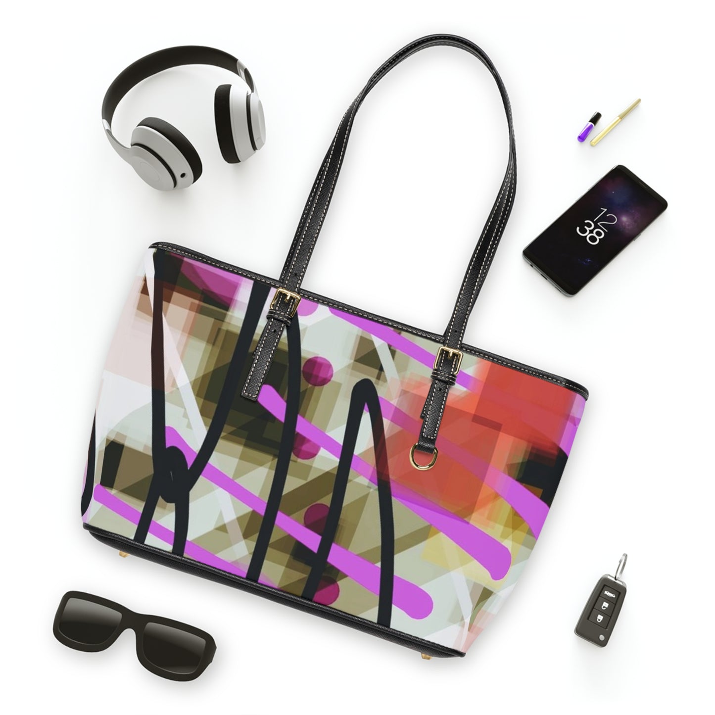 Annabella: Chic PU Leather Tote Bag with Abstract Art Design