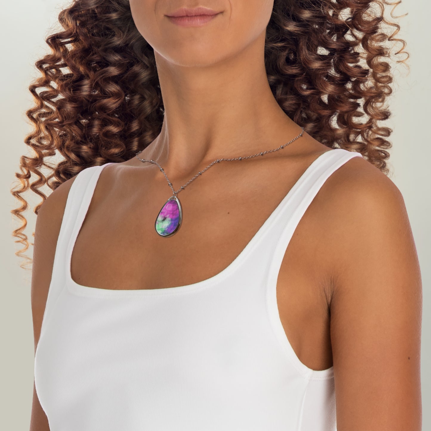 Eden Love: Oval Teardrop Pendant Necklace — Purple Green Bokeh Oval Necklace
