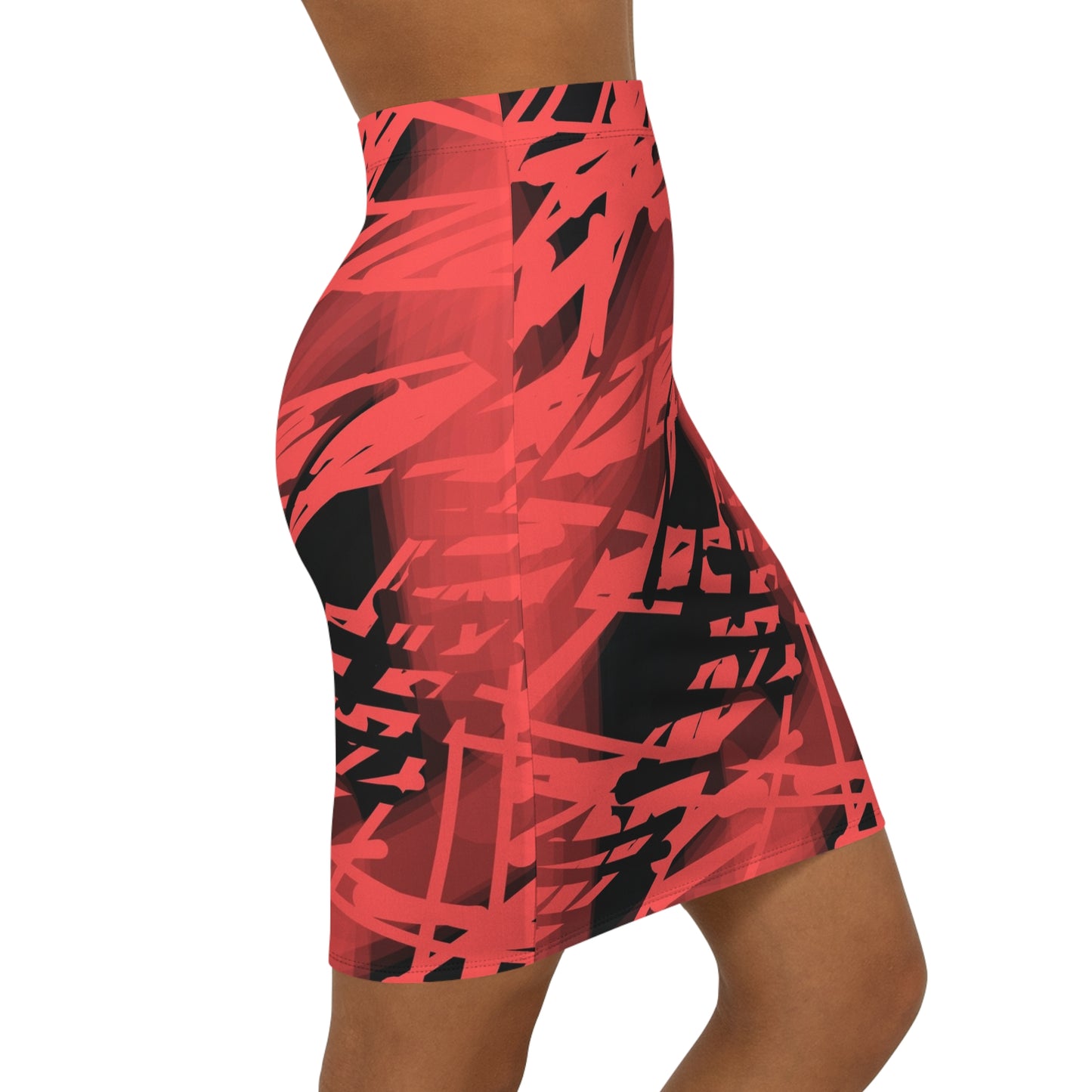 Gracie: Stylish Red Abstract Mid-Waist Pencil Skirt - Perfect for Chic Occasions