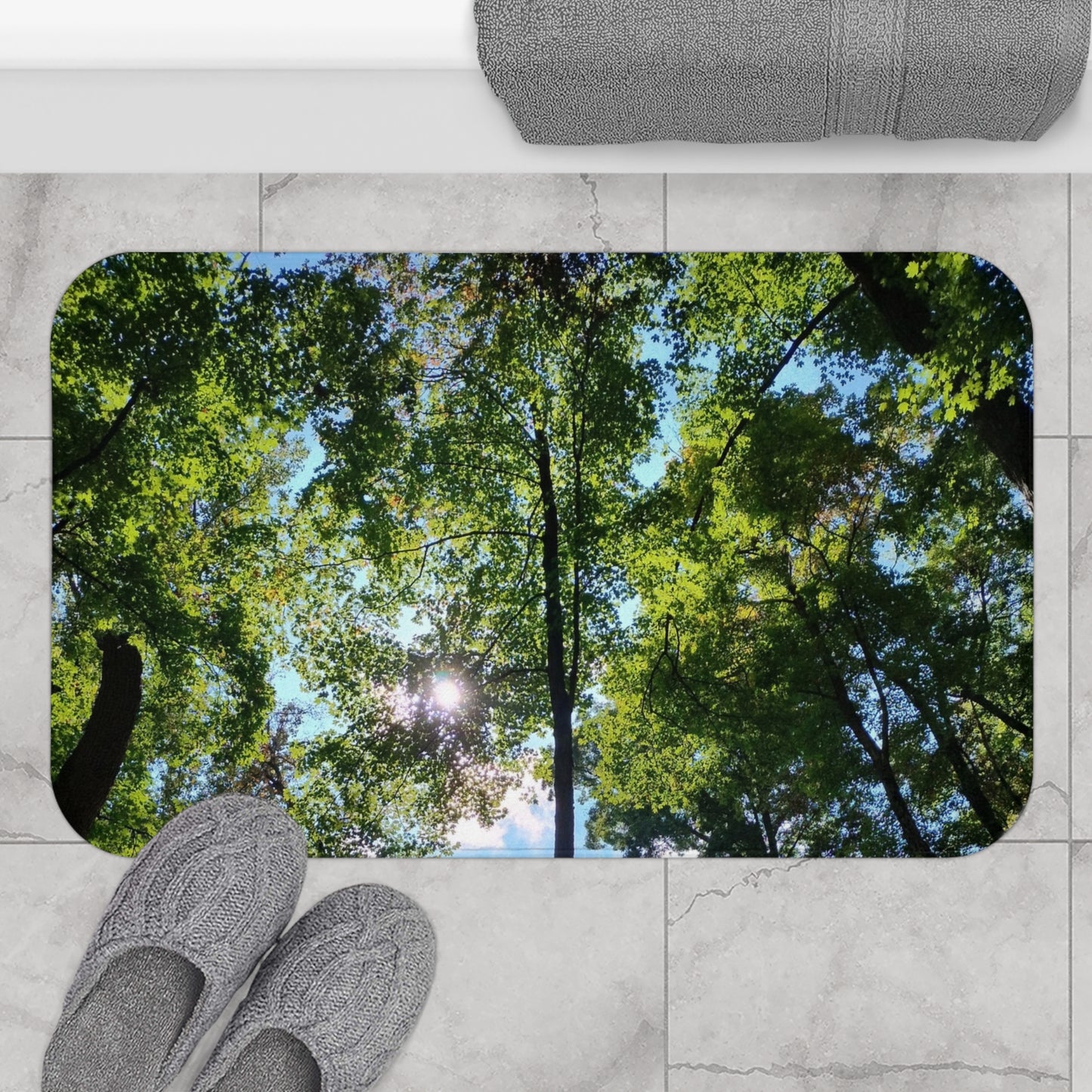 Gorgeous Greens: (34"x21") Forest Canopy Bathmat – Sunlit Trees Nature Bathroom Rug