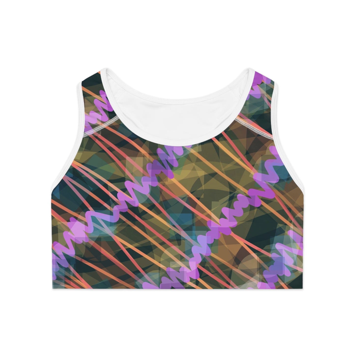 Ava: White Trim Colorful Abstract Sports Bra for Active Lifestyle