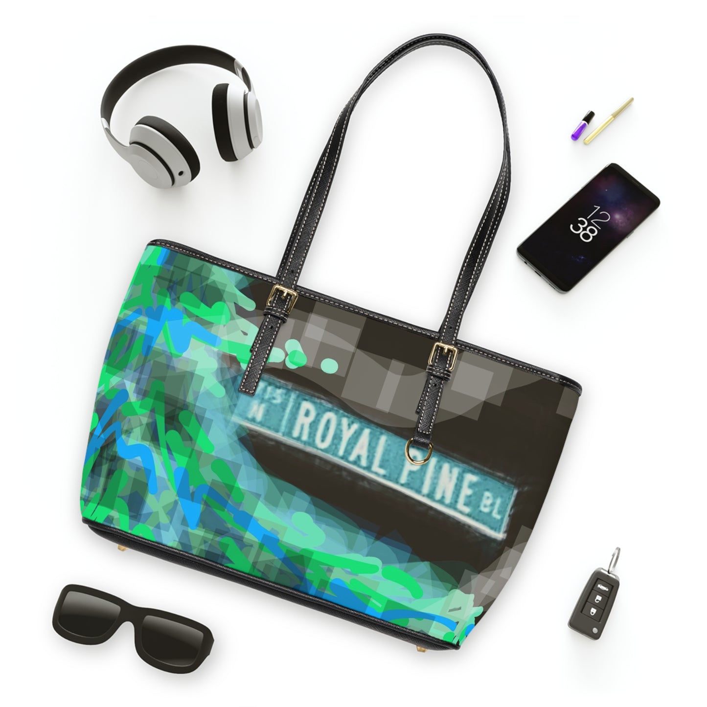 Royal Pine: Royal Chill PU Leather Shoulder Bag - Abstract Blue & Green Design