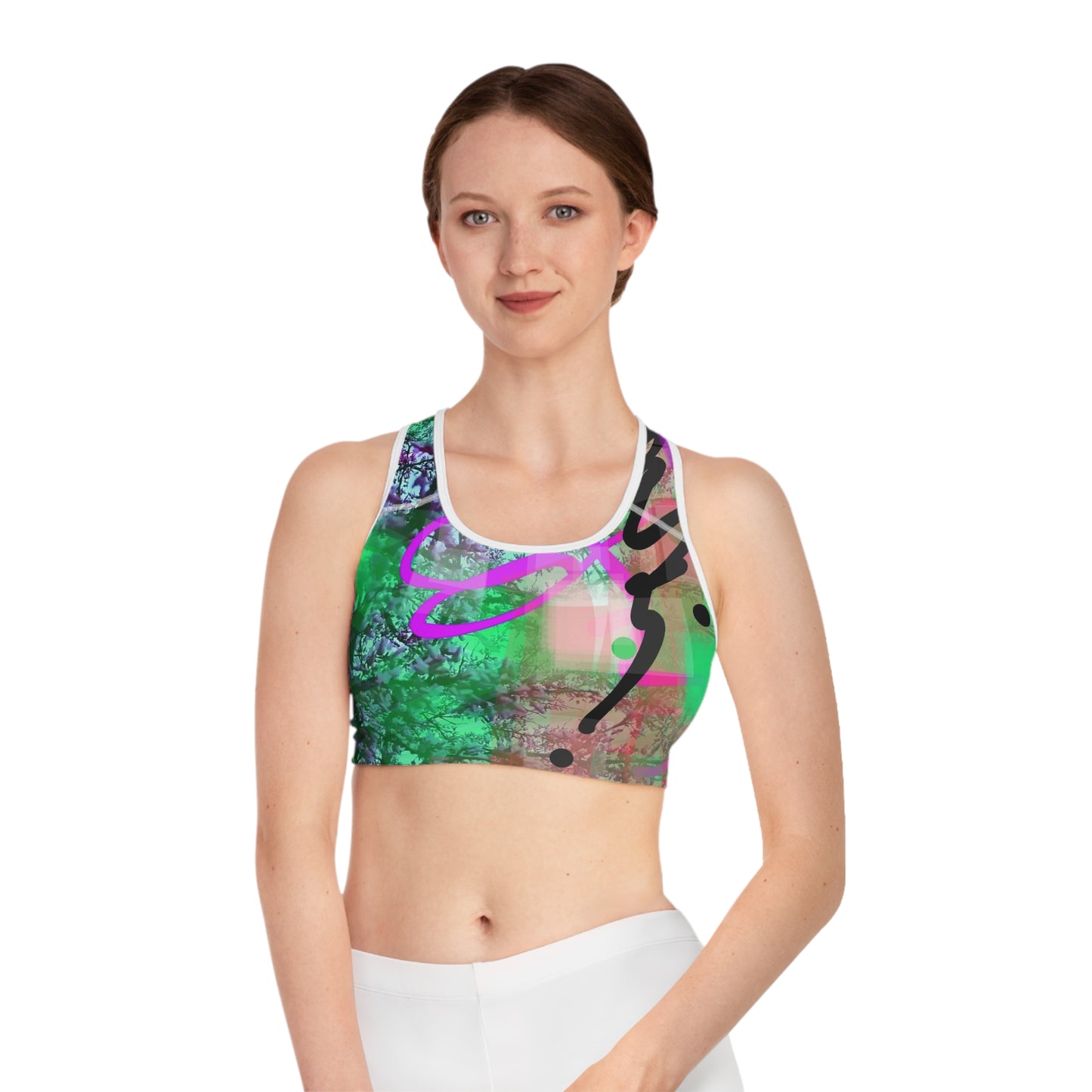 Cyd: White Trim Colorful Abstract Sports Bra for Active Women