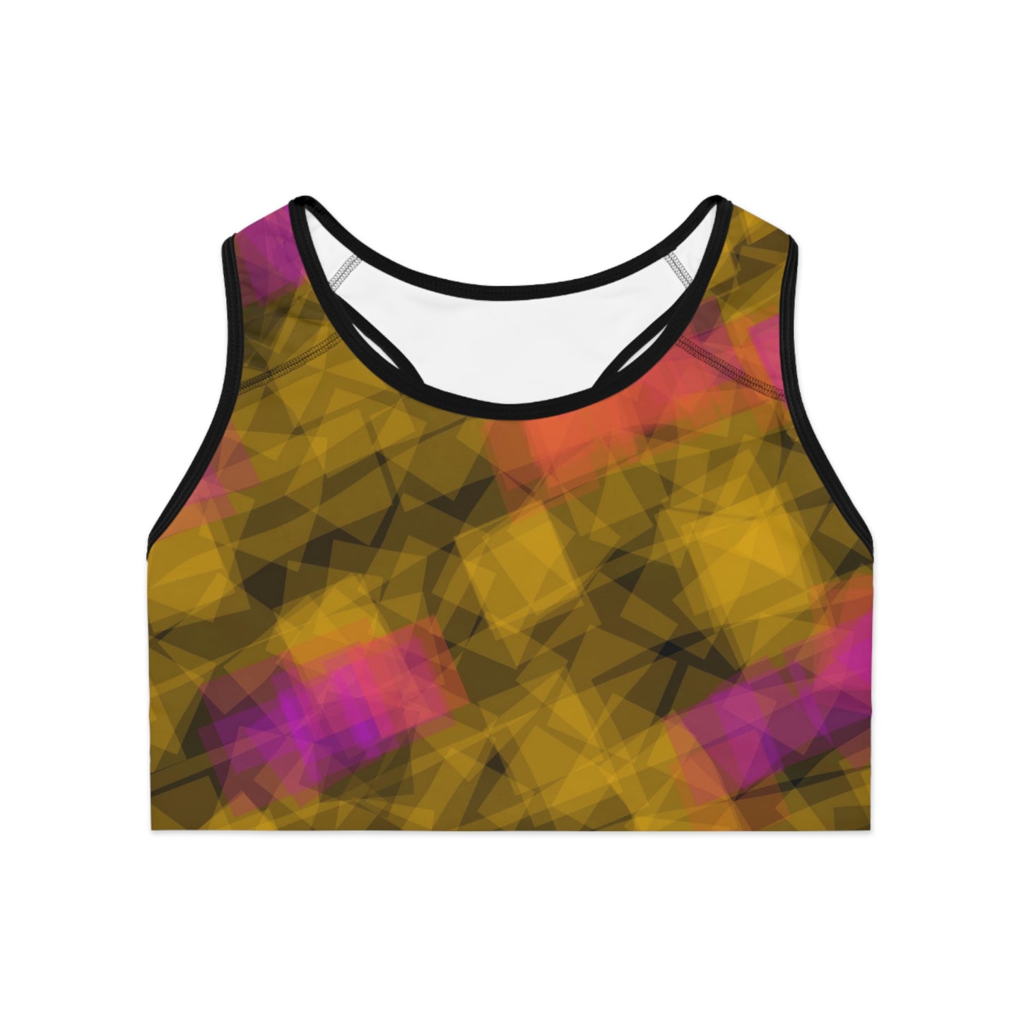 Bom II: Black Trim Vibrant Geometric Sports Bra, Activewear for Yoga, Running, Fitness, Stylish Workout Gear, Gift for Gym Lovers