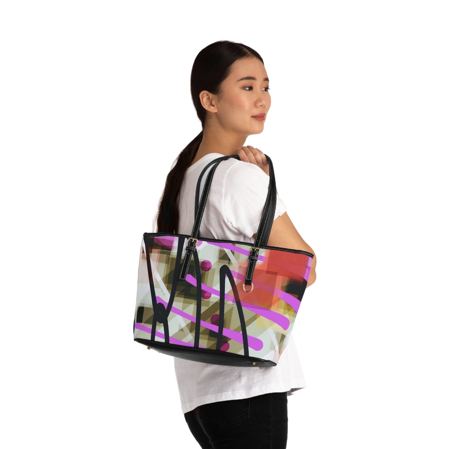 Annabella: Chic PU Leather Tote Bag with Abstract Art Design