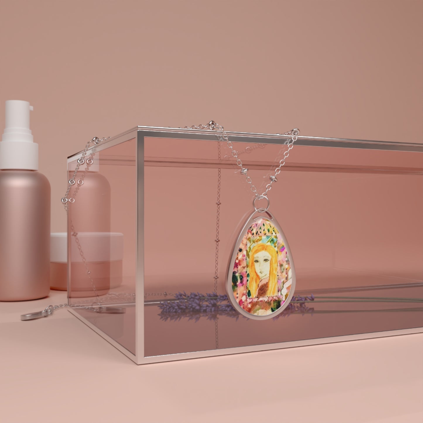 Star Girl: Artistic Oval Necklace with Watercolor Design - Unique Jewelry Gift for Her