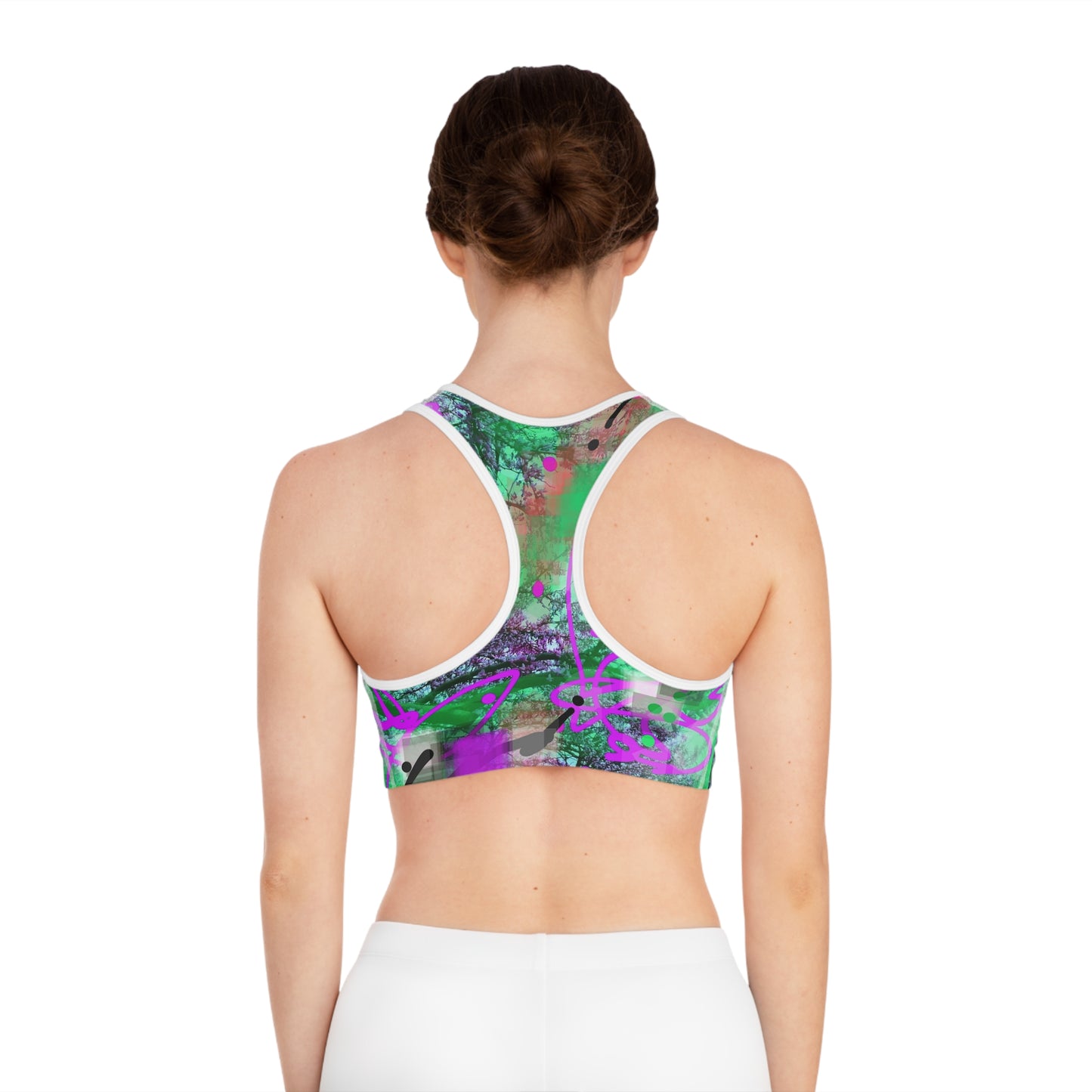 Cyd: White Trim Colorful Abstract Sports Bra for Active Women