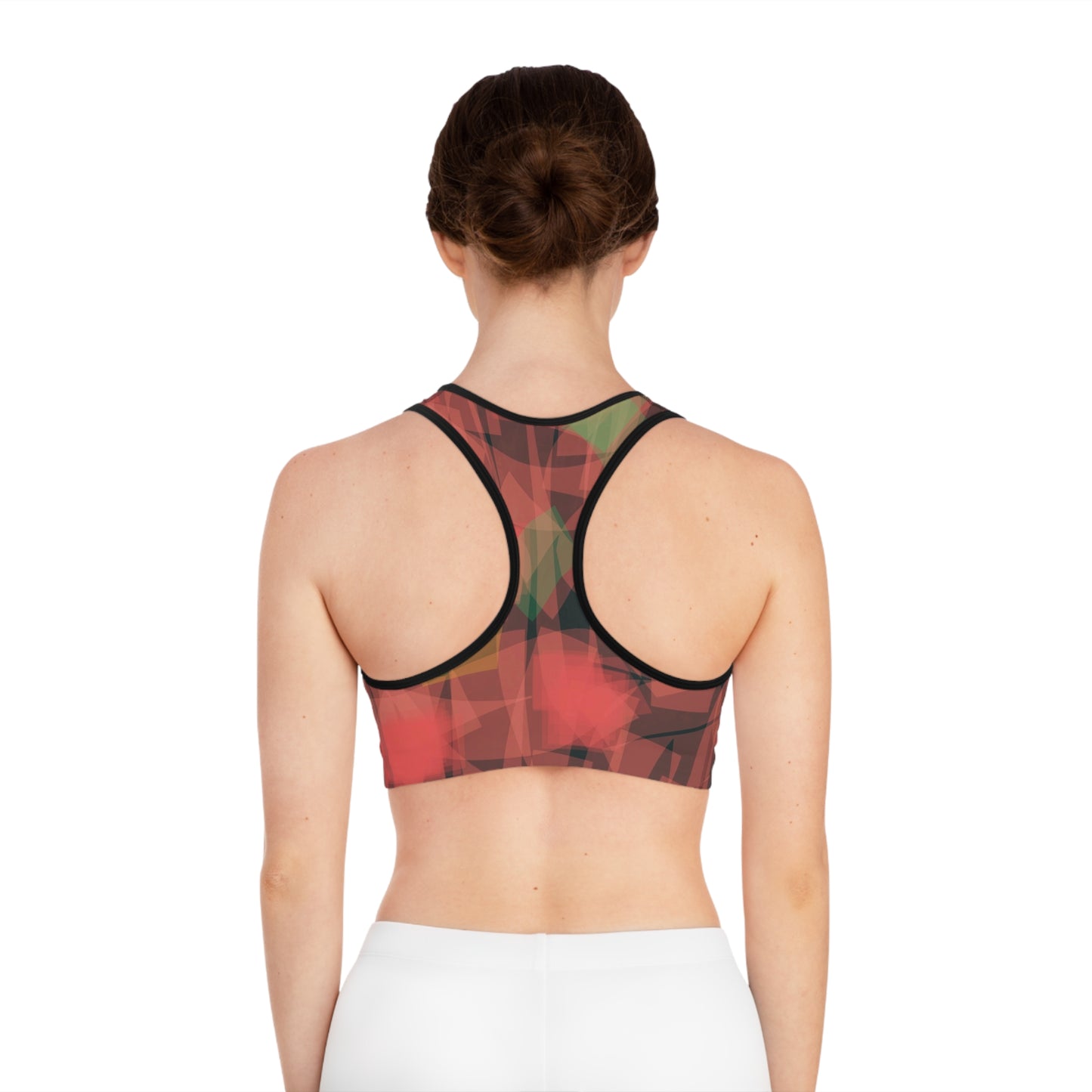 Lupe II: BLK Trim Abstract Red Sports Bra | Comfortable Activewear for Yoga & Gym