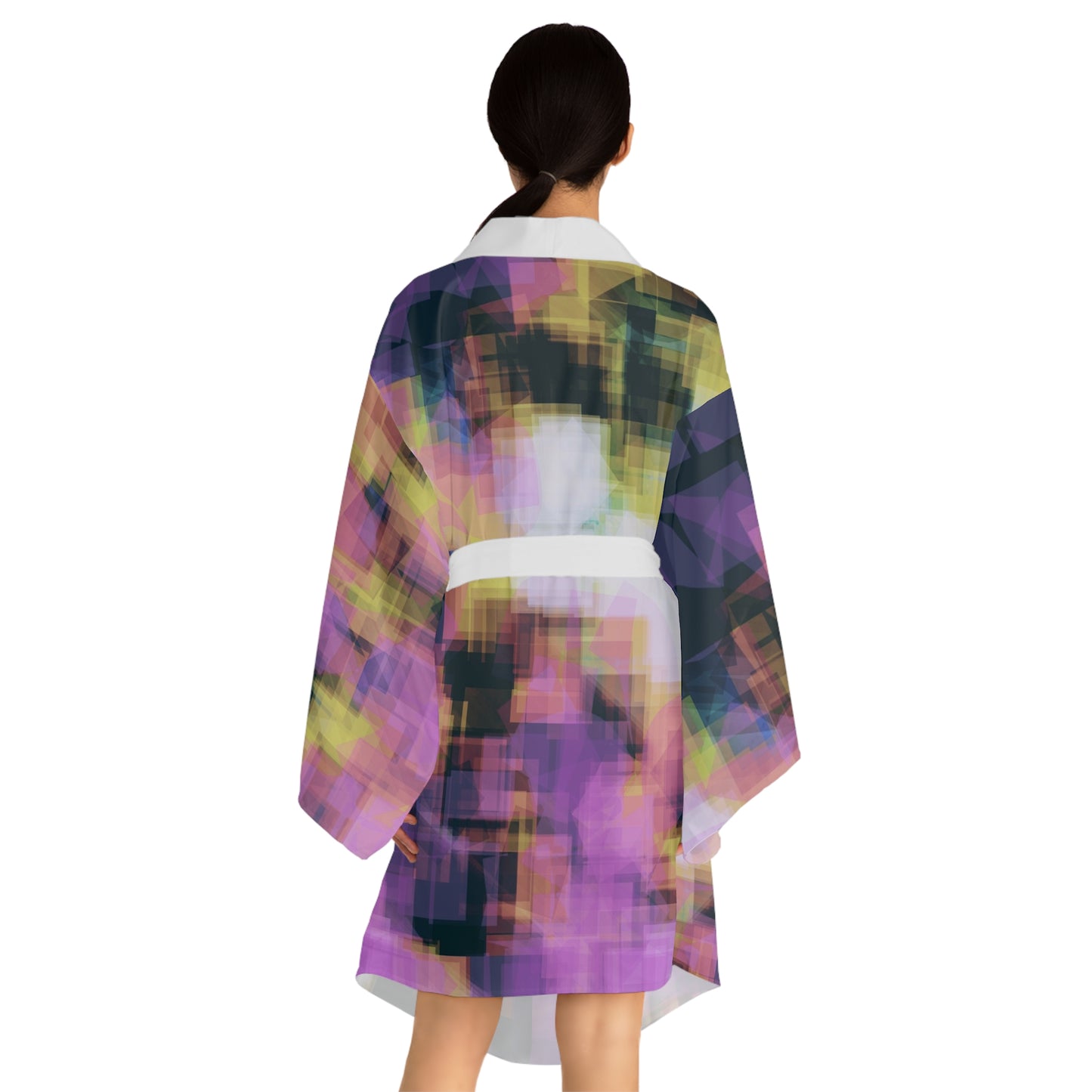 Sheena I: WH Trim; Stylish Abstract Long Sleeve Kimono Robe - Perfect for Relaxation and Self-Care