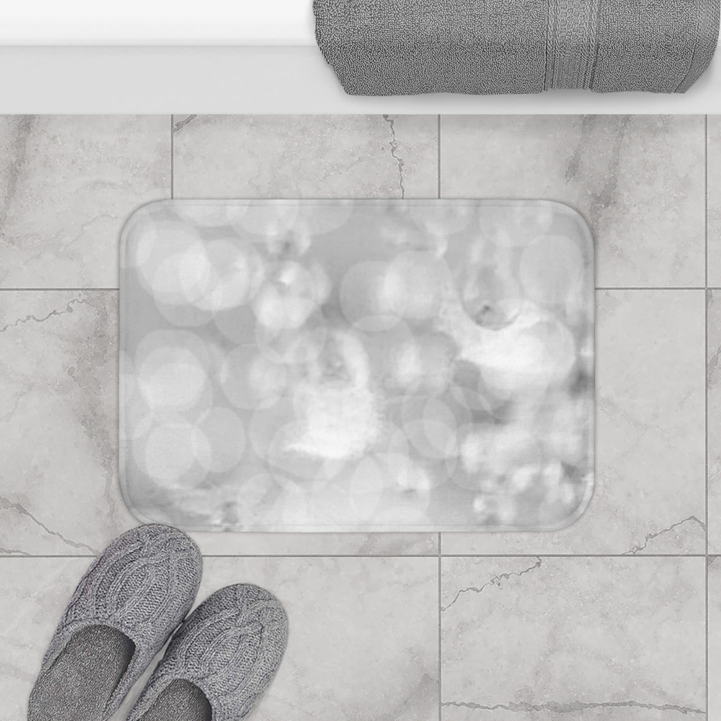 Oksana: (24"x17") Elegant Silver-Grey Bokeh Bathmat – Soft Plush Bathroom Rug