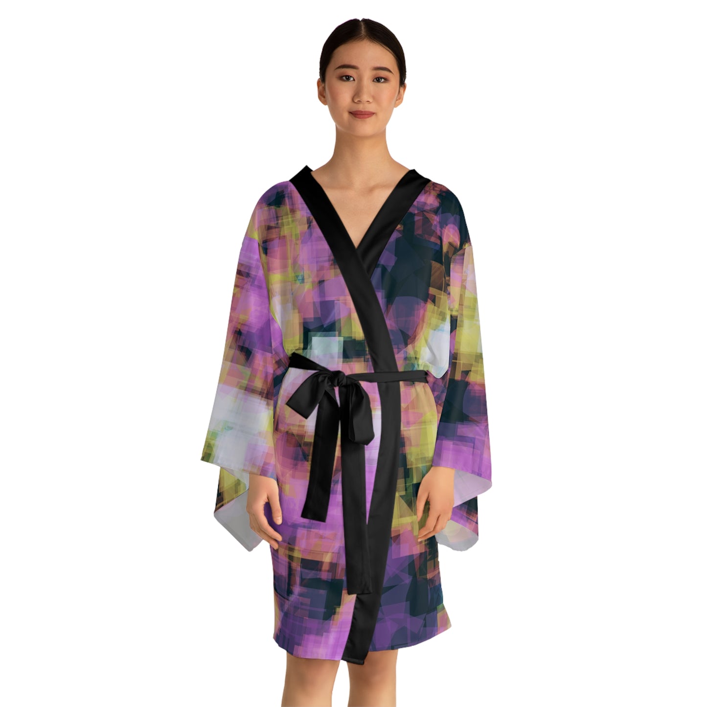 Sheena II: Blk Trim Chic Long Sleeve Kimono style Robe - Colorful Abstract Design, Perfect for Lounging and Relaxation