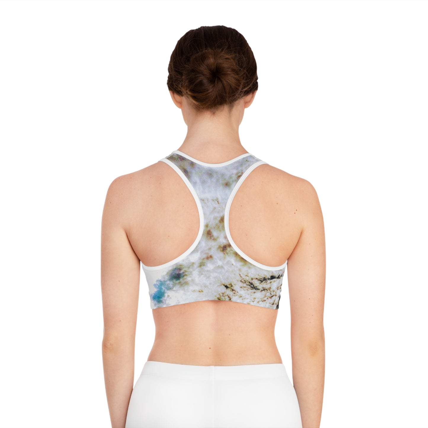 Portalis I: WH Trim; Ethereal Vibes Sports Bra, Activewear Top for Fitness, Running, Beach Days, Unique AOP Design