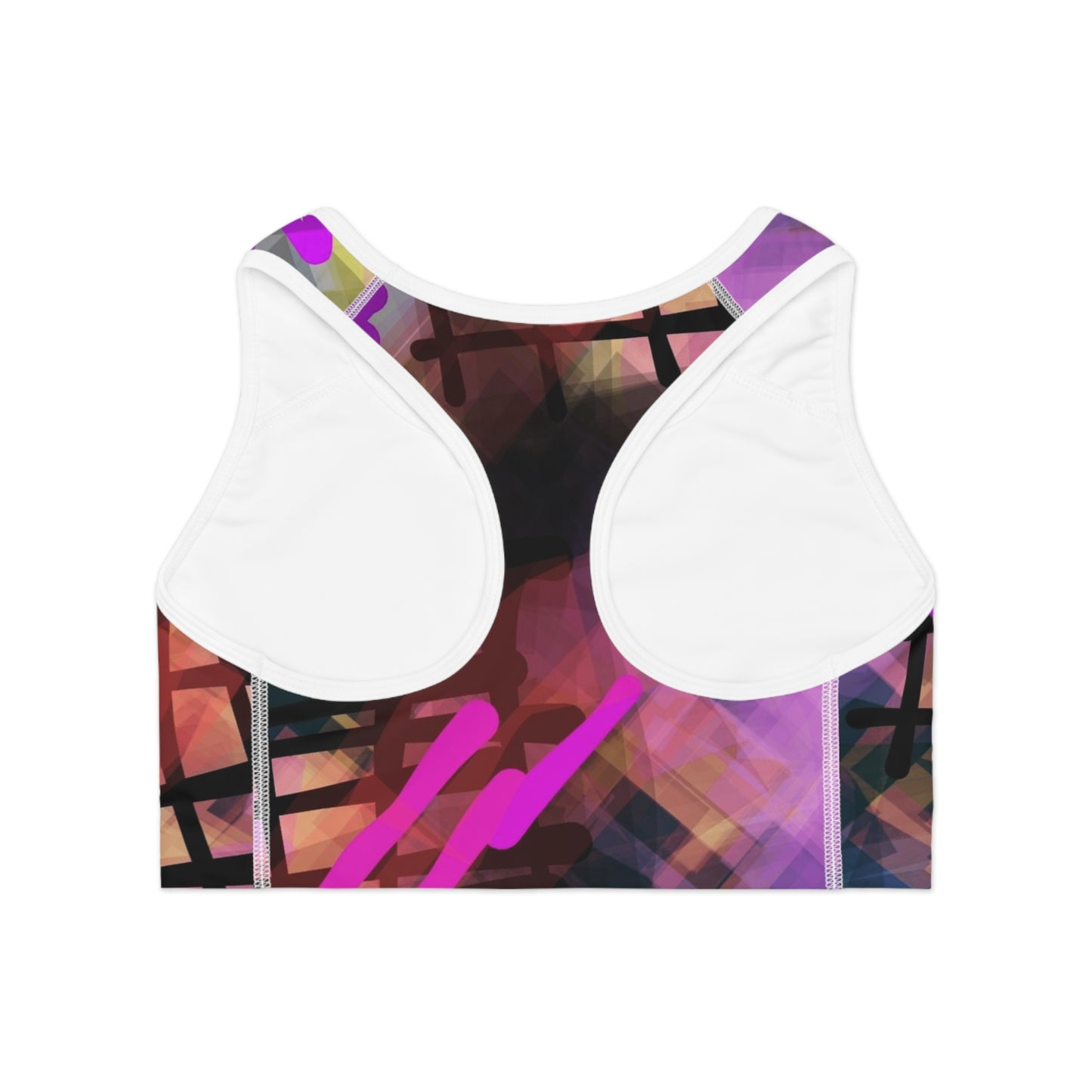 Spray Paint I: WH Trim Abstract Vibrant Sports Bra - Colorful Patterned Workout Top for Active Women