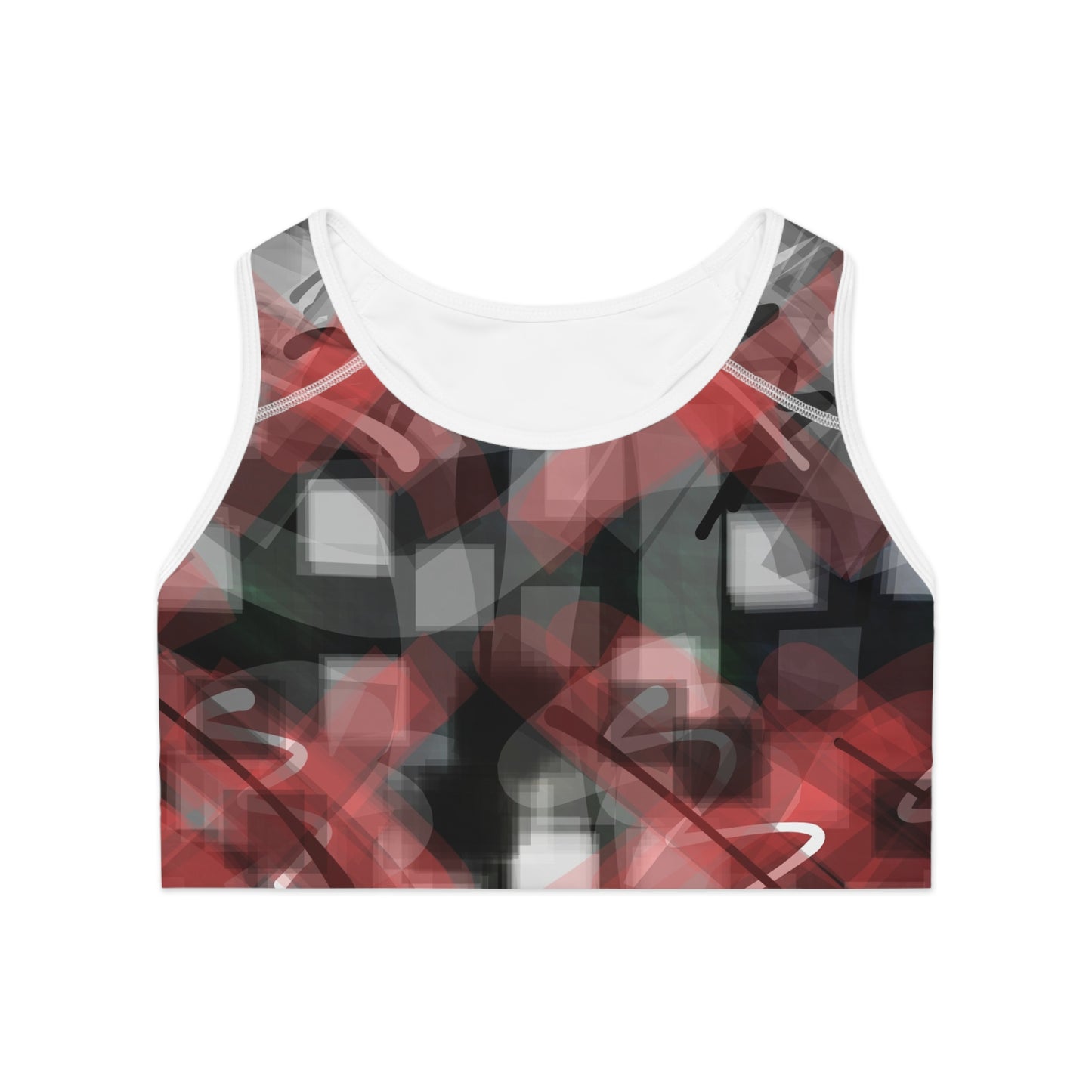 Micah I:  WH Trim Abstract Red & Black Sports Bra - Stylish Activewear for Fitness Enthusiasts