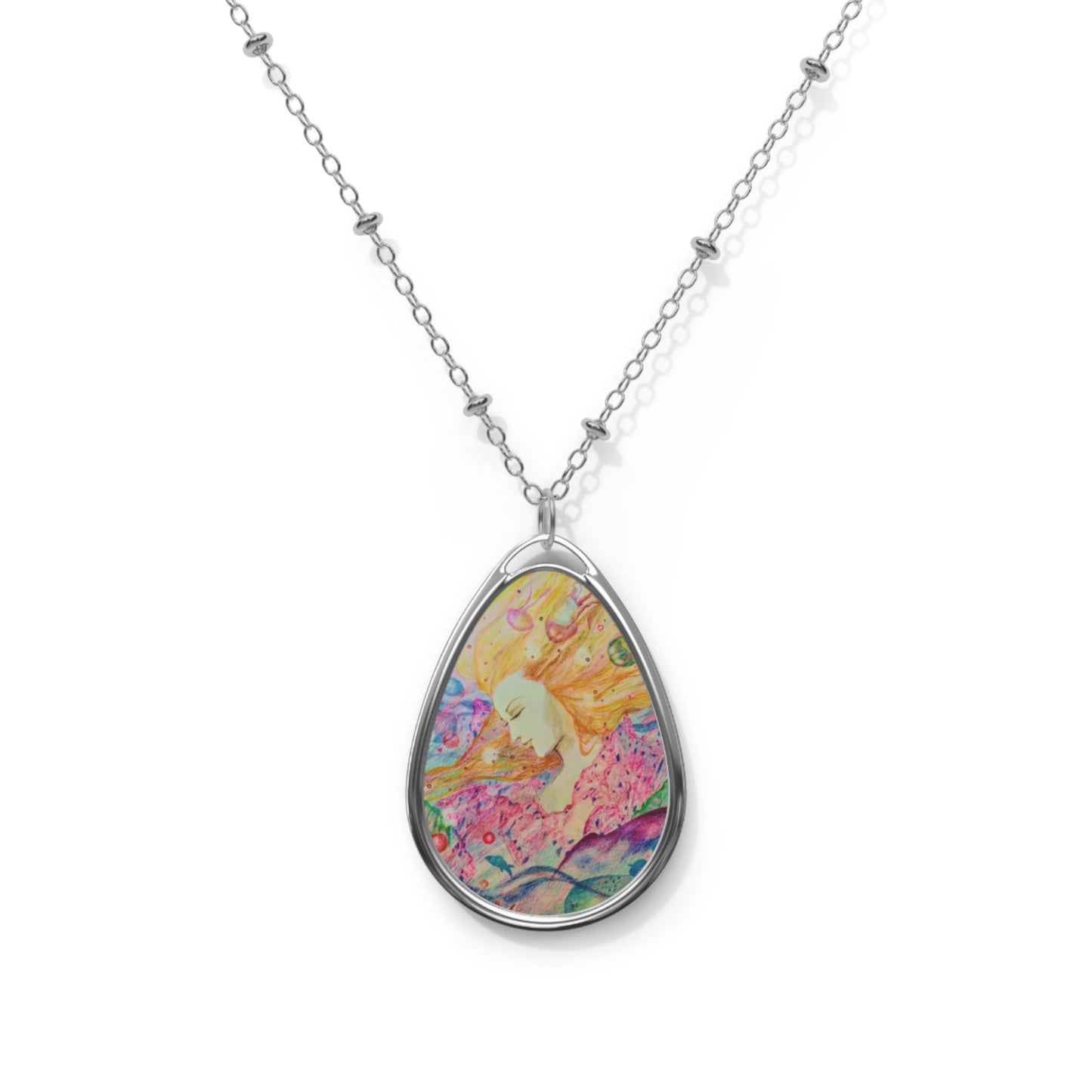 Undine:  Ethereal Beauty Art Oval Necklace - Unique Handmade Drawing print Jewelry for Artistic Souls